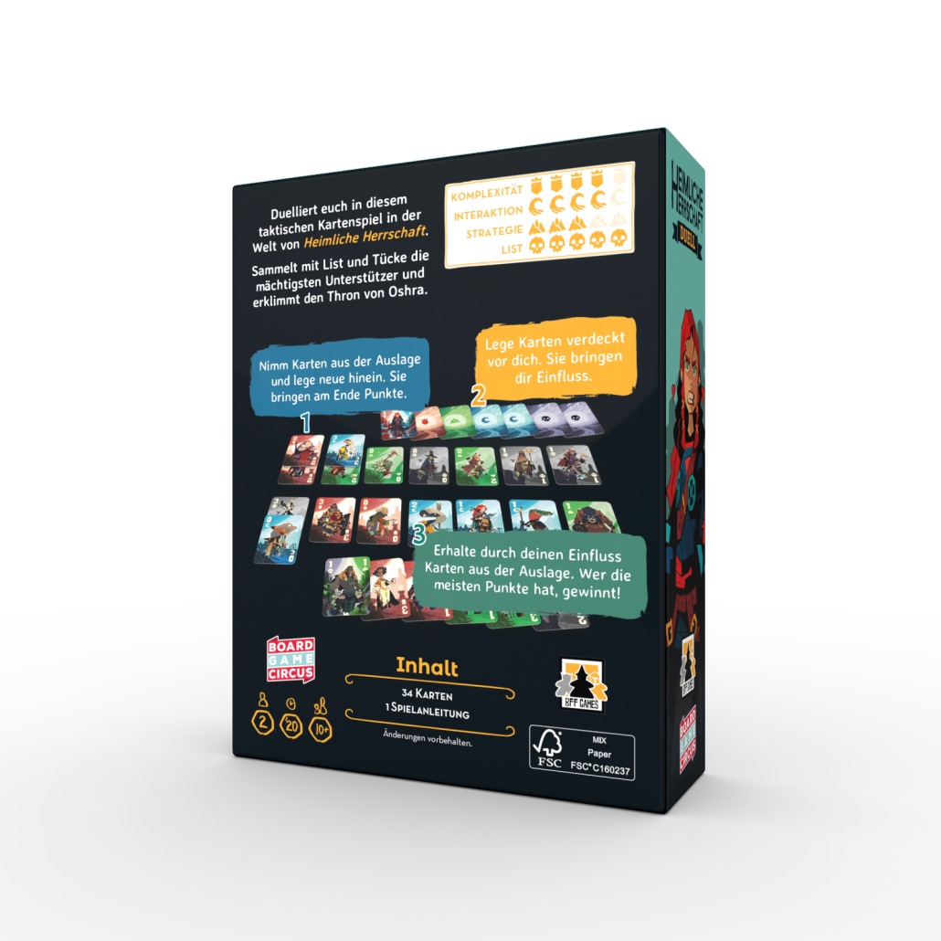 Brettspiel, Kartenspiel, Spielkarten, Box-Design, Inhalt 34 Karten