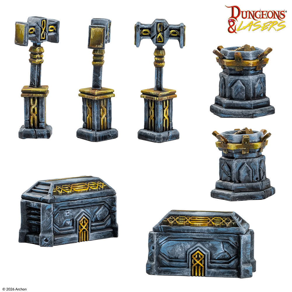 Dungeons & Lasers: Iron Crown Monarchs Fantasy-Miniaturen, Dungeon-Gelände, Spielzeug-Waffenständer, Blau-grauer Stein, Goldene Details