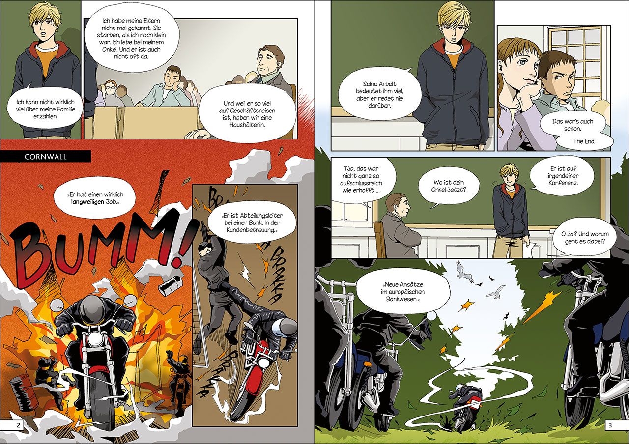 Alex Rider Bd.1: Stormbreaker Comic, Motorrad, Explosion, Verfolgung, Charakterdialog