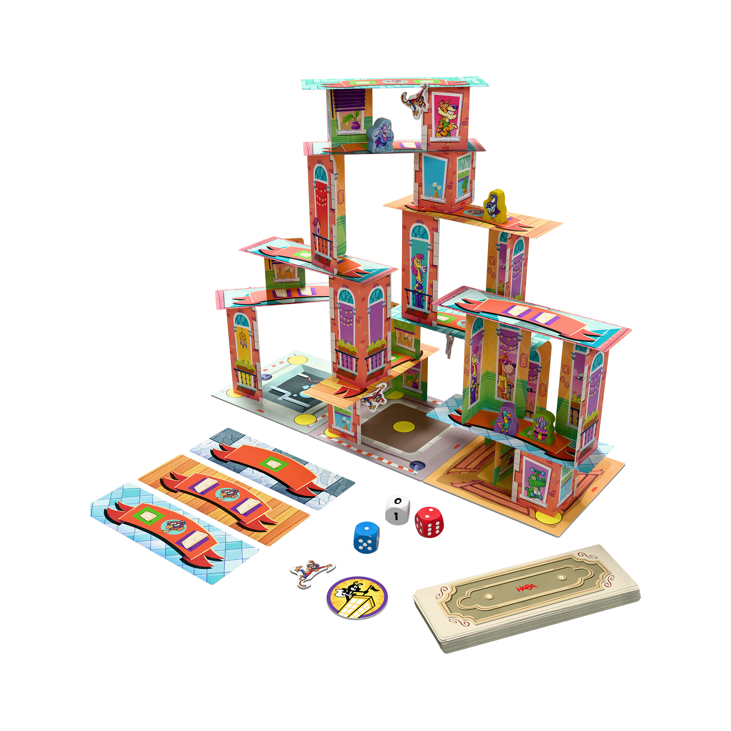 Bauspiel, Konstruktionsspiel, Familienspiel, Würfelspiel, Kartenstapel