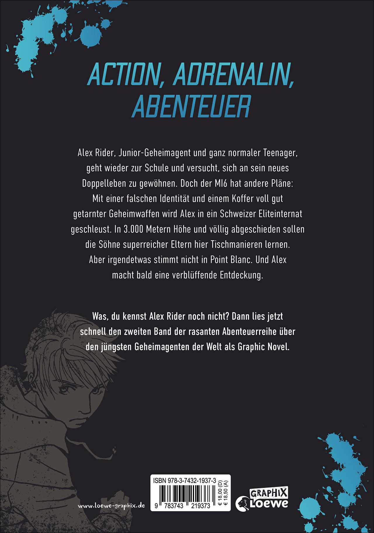 Alex Rider Bd.2: Gemini-Projekt graphic novel, comic, back cover, blue accents, portrait silhouette