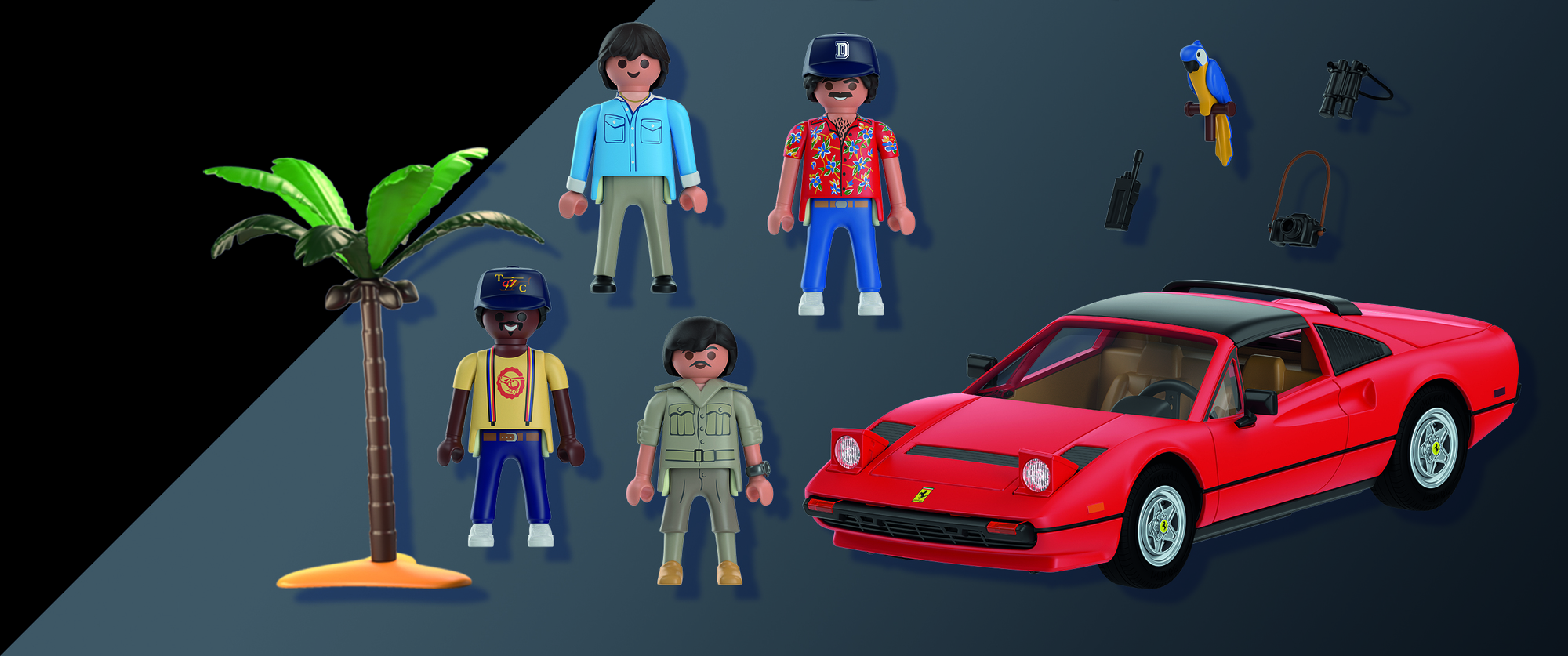 Playmobil, Figuren, Auto, roter Wagen, Papagei, Palme