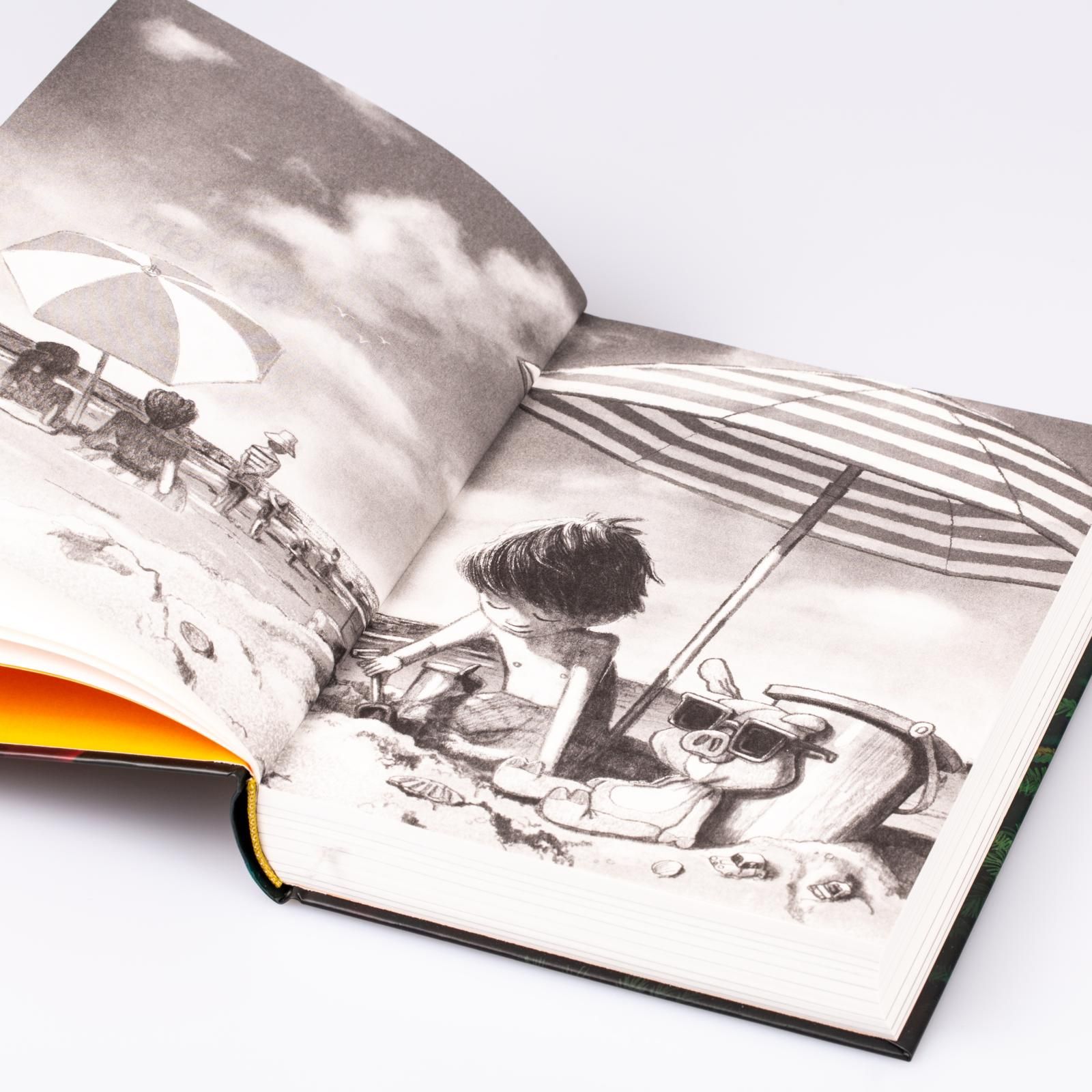 Jacks wundersame Reise mit dem Weihnachtsschwein Kinderbuch, Illustration, Strand, Schirm, Sonne