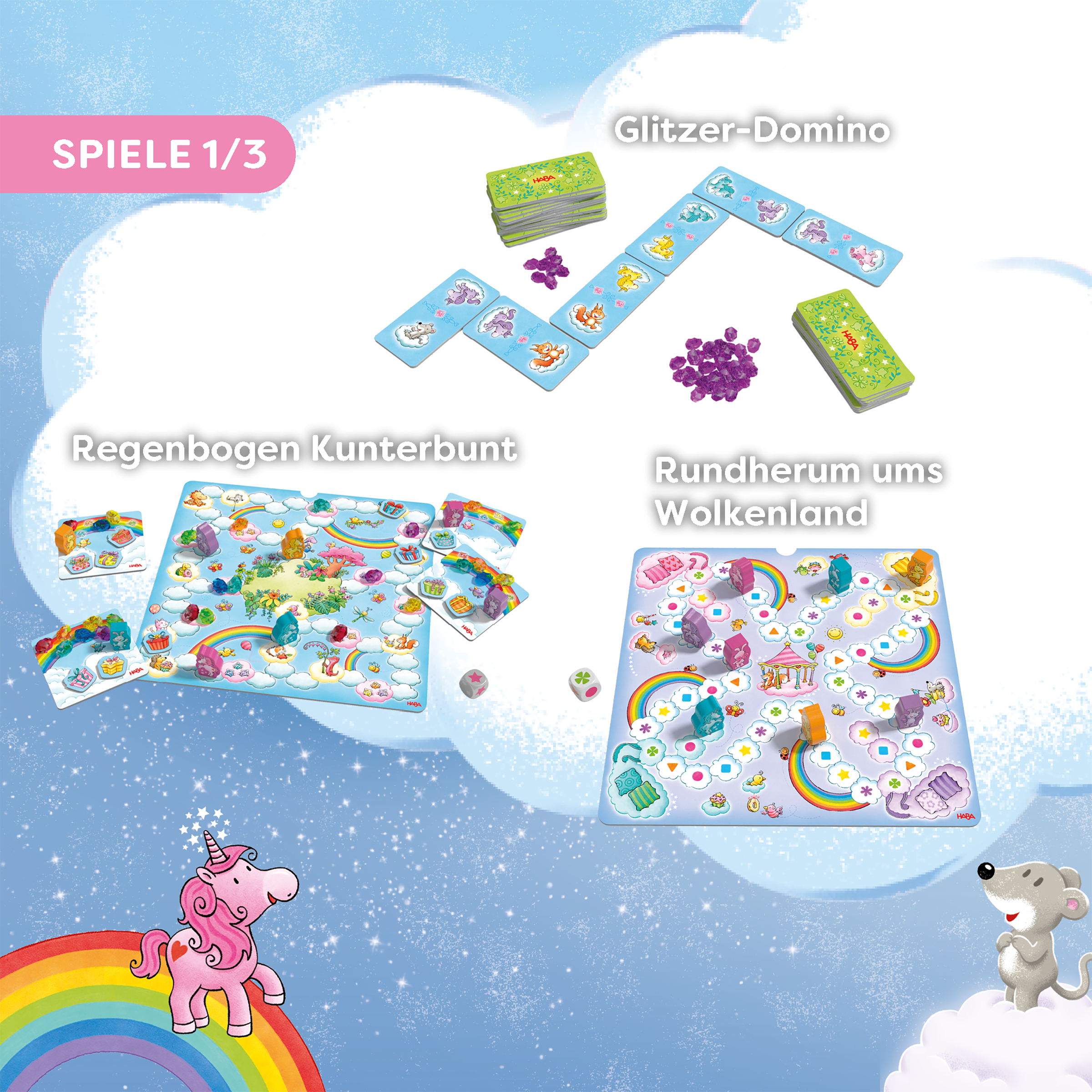 Dominospiel, Glitzer, Regenbogen, Kunterbunt, Wolkenland