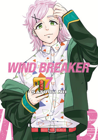 anime-figur, pinkes haar, grüne jacke, weißes hemd, text im bild