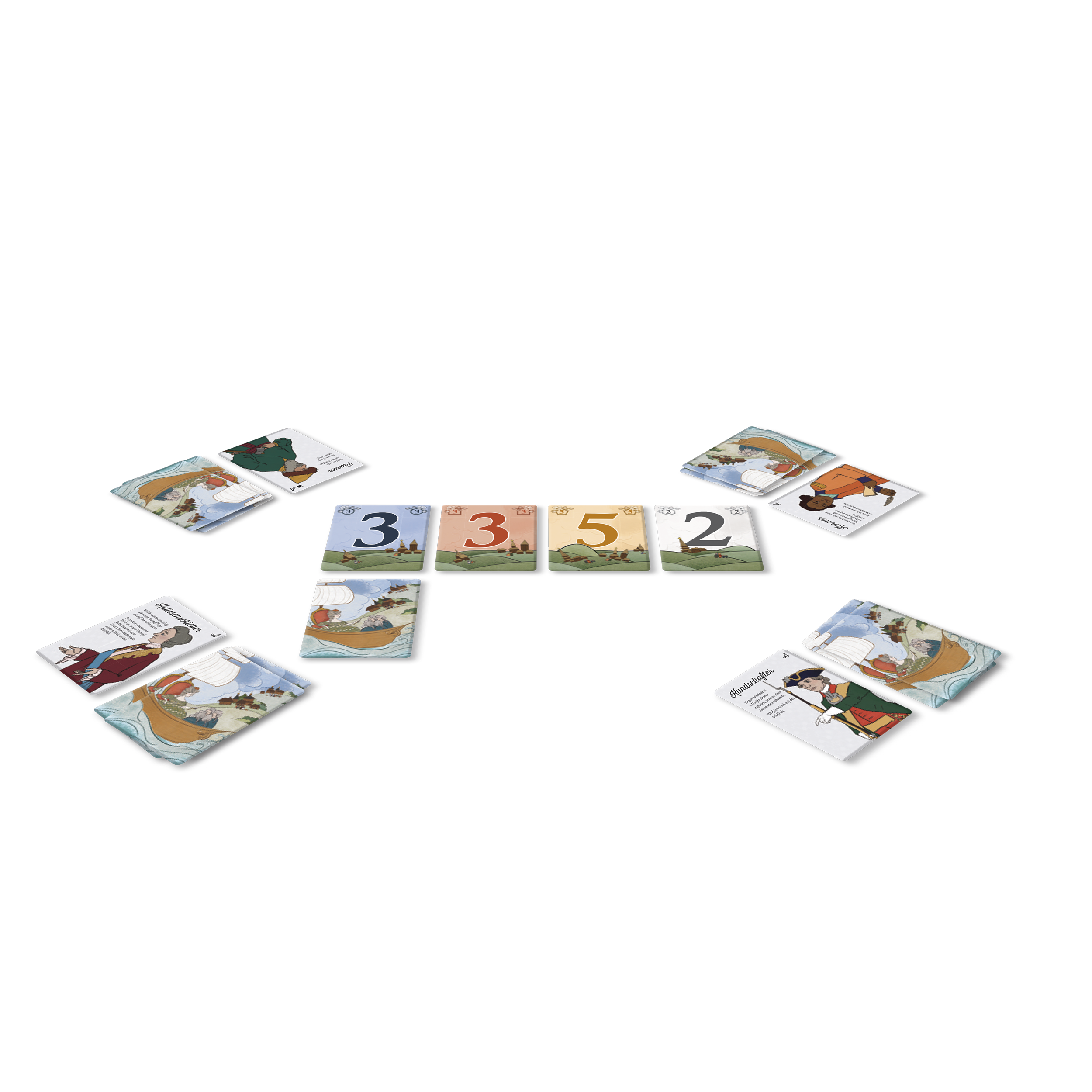 Potemkinsche Dörfer Kartenspiel, Spielkarten, Zahlenkarten, Illustrationen, Mehrfarbig