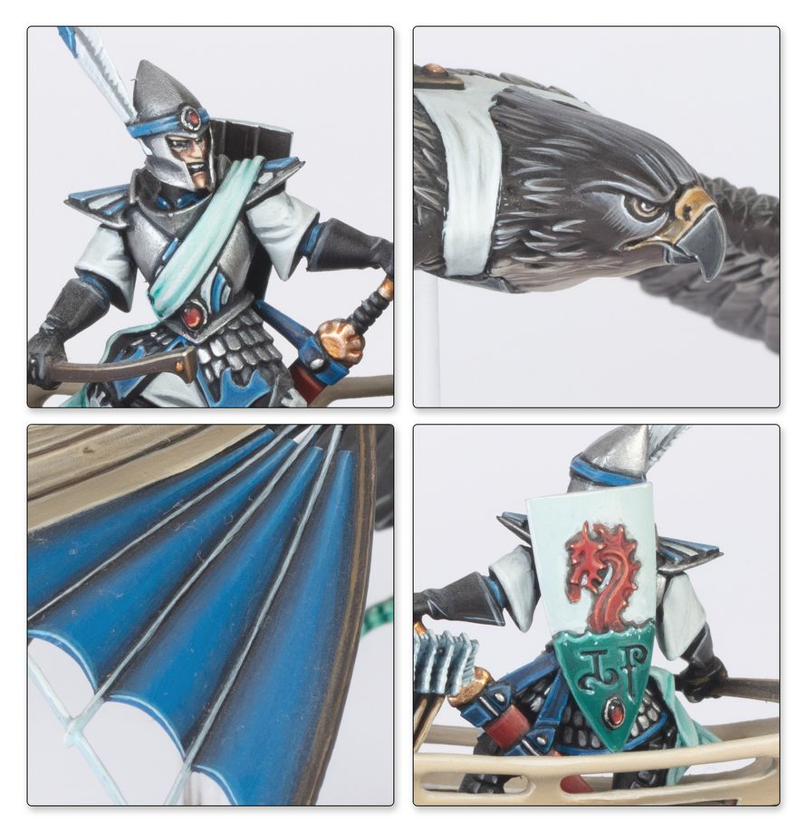 Warhammer: The Old World High Elf Realms - Battle March Army gepanzertes-ritter, drachenshield, blauer-umhang, schwert, adler-helm