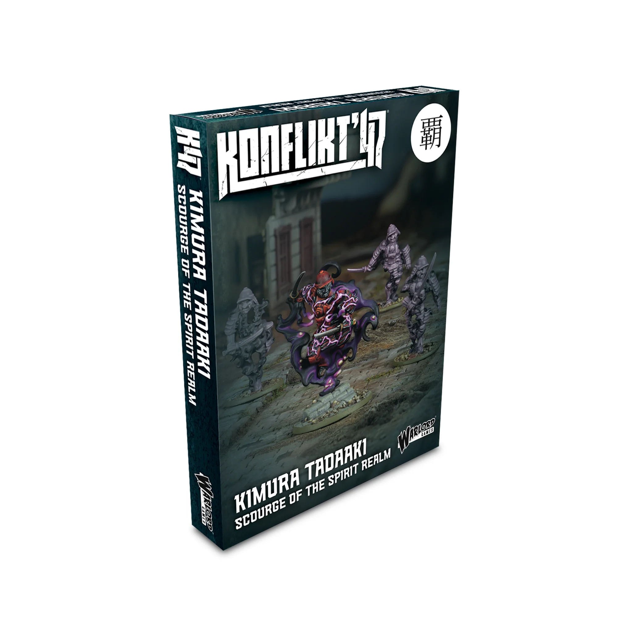 Konflikt '47: Kimura Tadaaki Miniatur, Tabletop, Miniaturfiguren, dunkles Farbschema, Brettspiel-Box