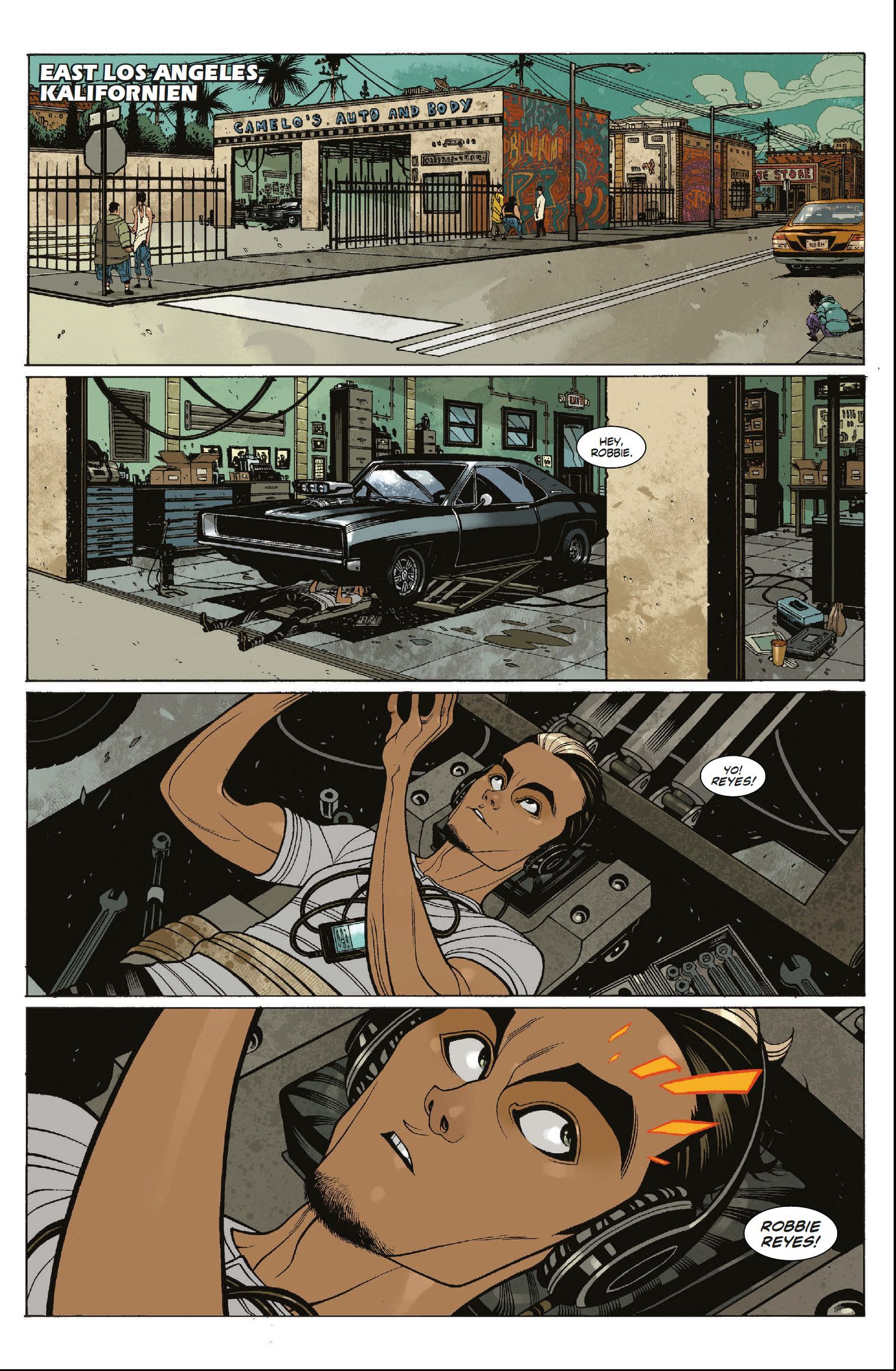 auto shop, car, mechanic, workshop, comic panel