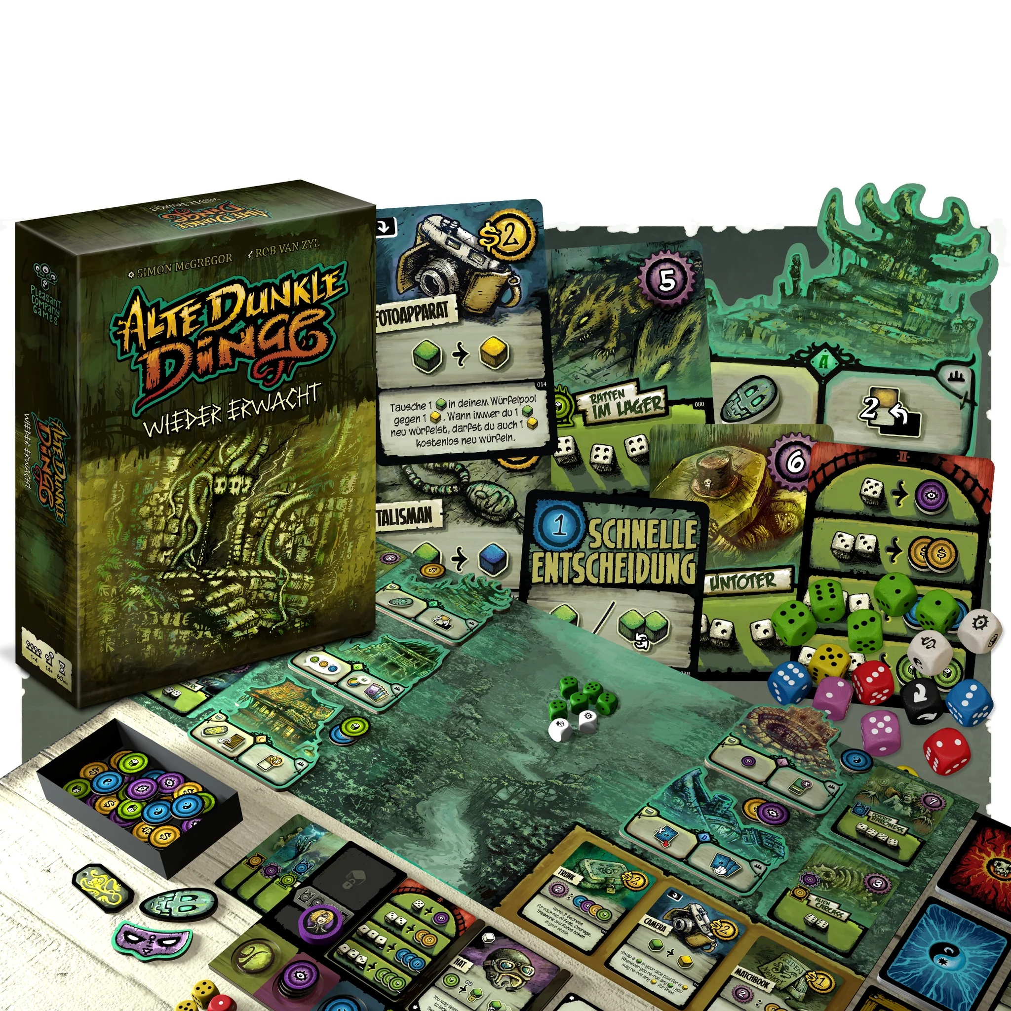 Kartenspiel, Würfel, Grünes Artwork, Alien-Dunkel-Dungeon, Set-Bestandteile