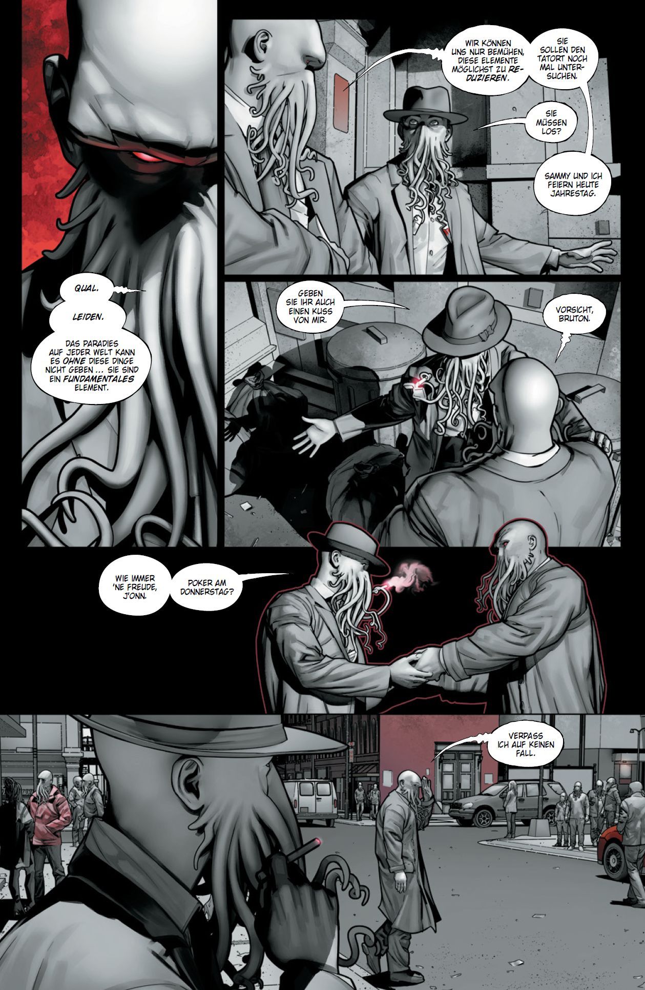 Dark Crisis Sonderband Bd.1: Welten ohne Justice League Oktopusentragende, gehäufter Umhang, Fedorahut, Rauch, Comic-Panel