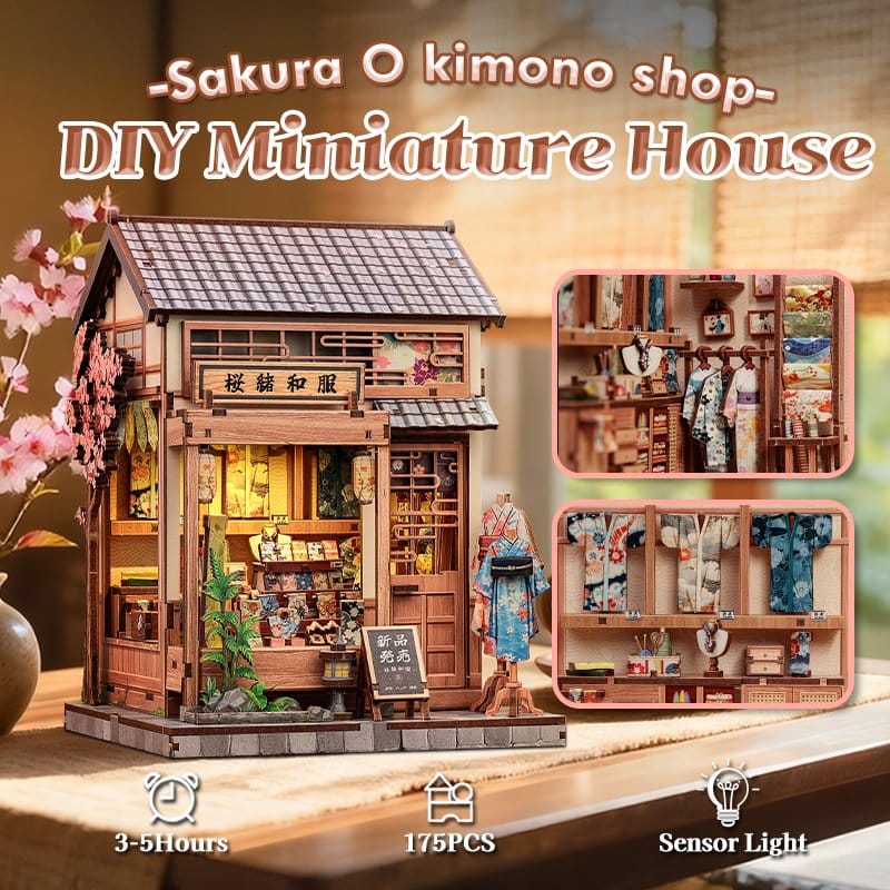 Booknook: Miniature House - Sakura O Kimono Shop Miniature House, Kits, Holz-Dollhouse, Kimono-Laden, Figurinen