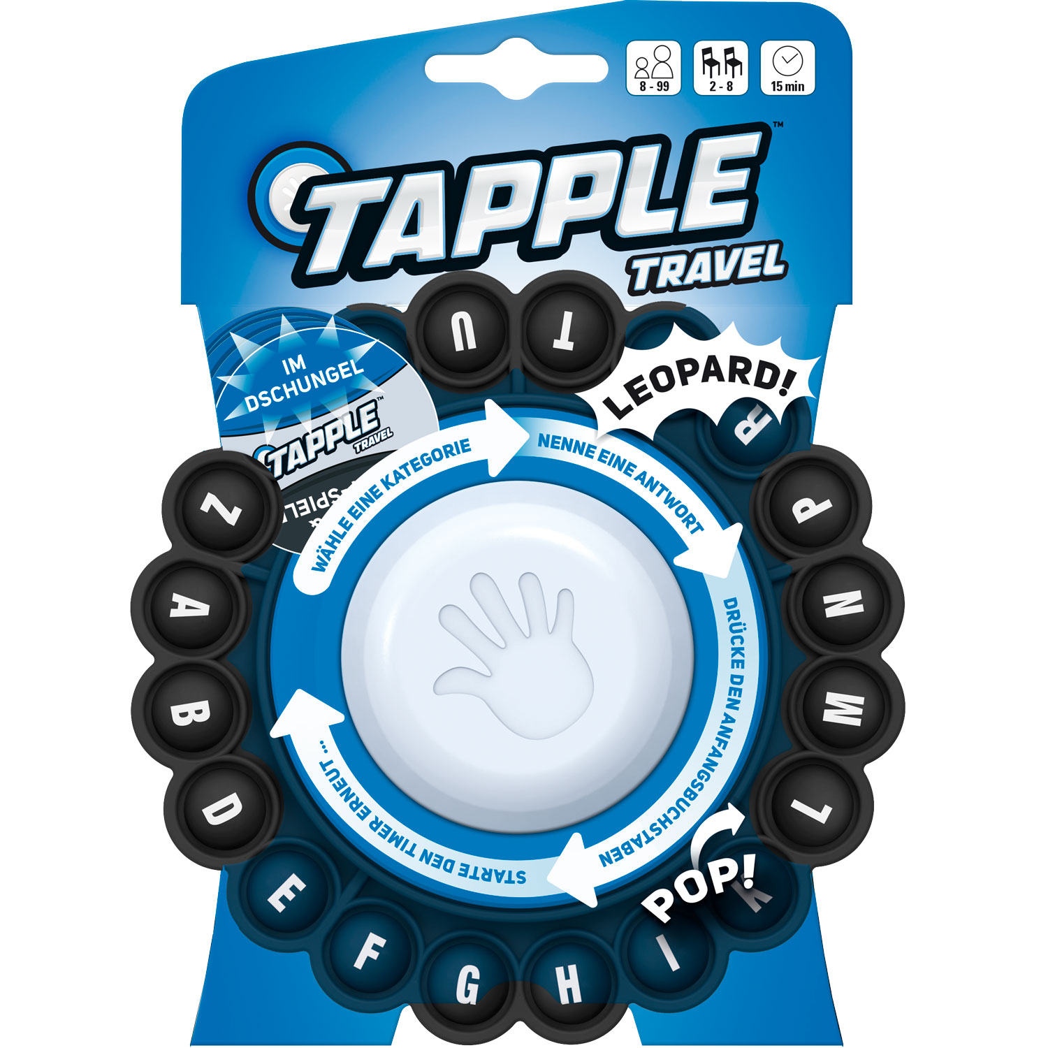 Tapple Travel Reisespiel, Buchstabenspiel, Tastknöpfe, Handdruckfläche, Blau-schwarz
