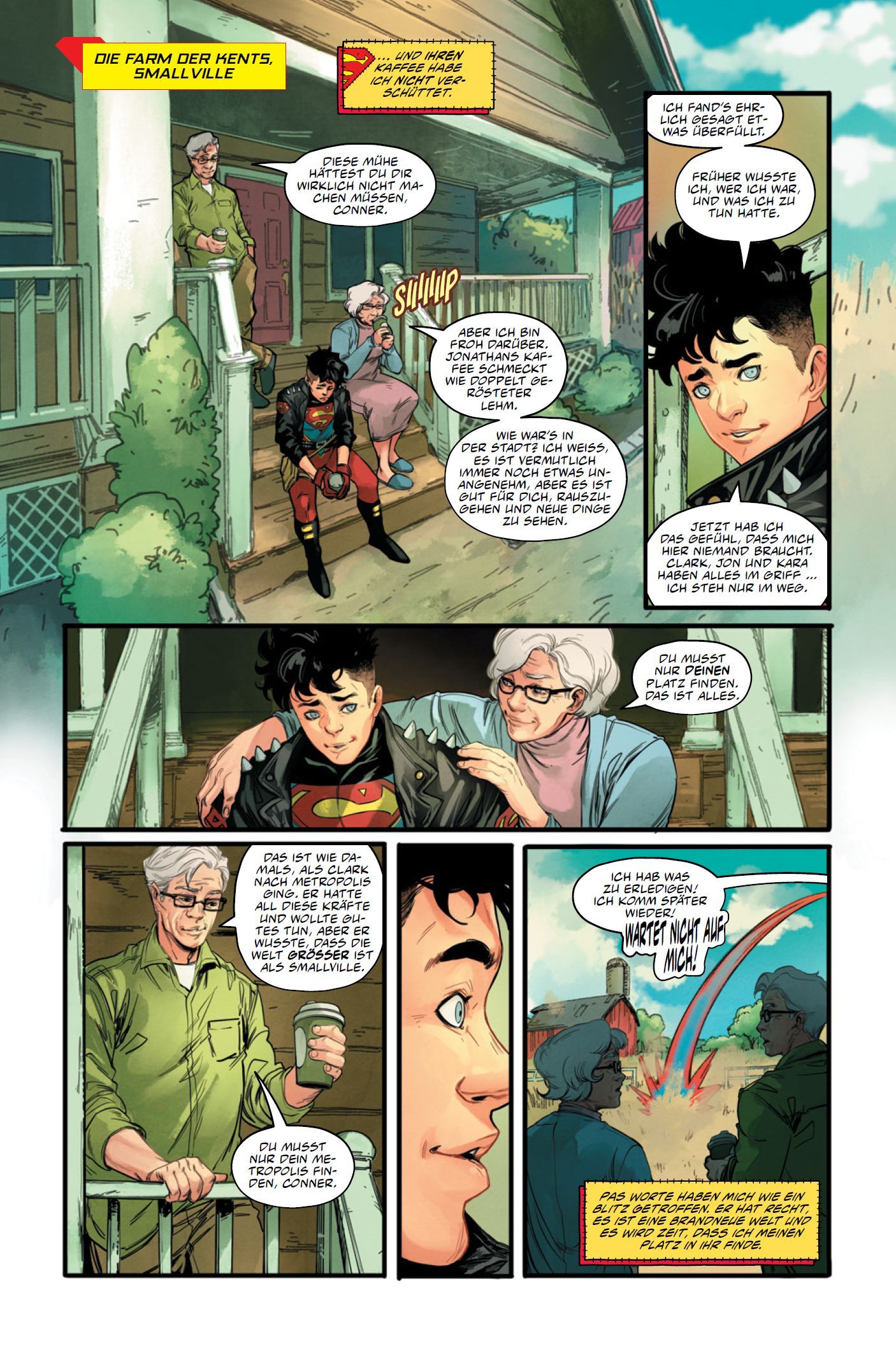 Superboy:Ein Platz im Universum (Dawn of DC) Comic, Panel, Superman Logo, Lederjacke, Kaffeebecher