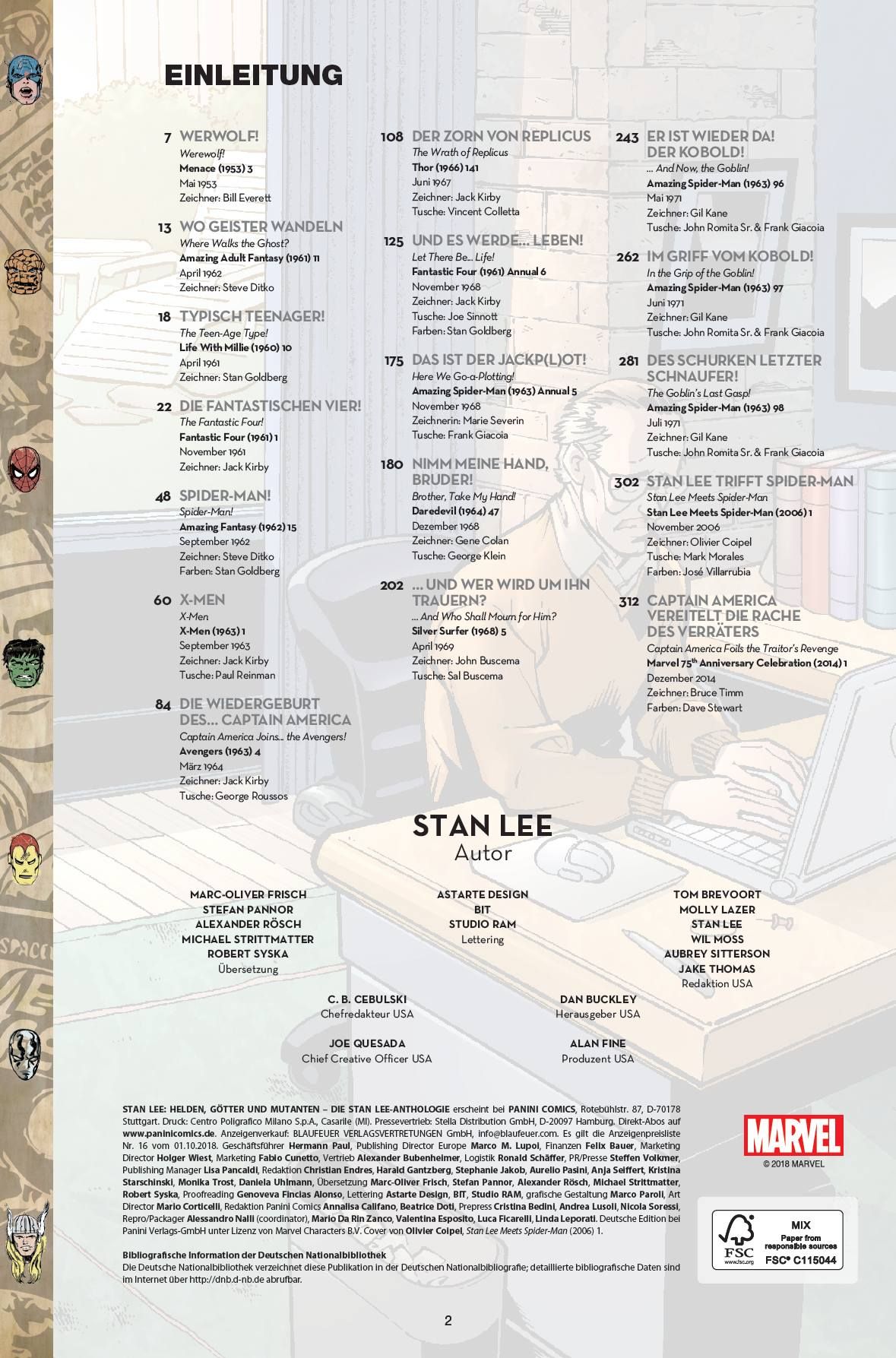 Stan Lee Anthologie: Helden, Götter und Mutanten comic, marvel, stan le e, t able of contents, spines
