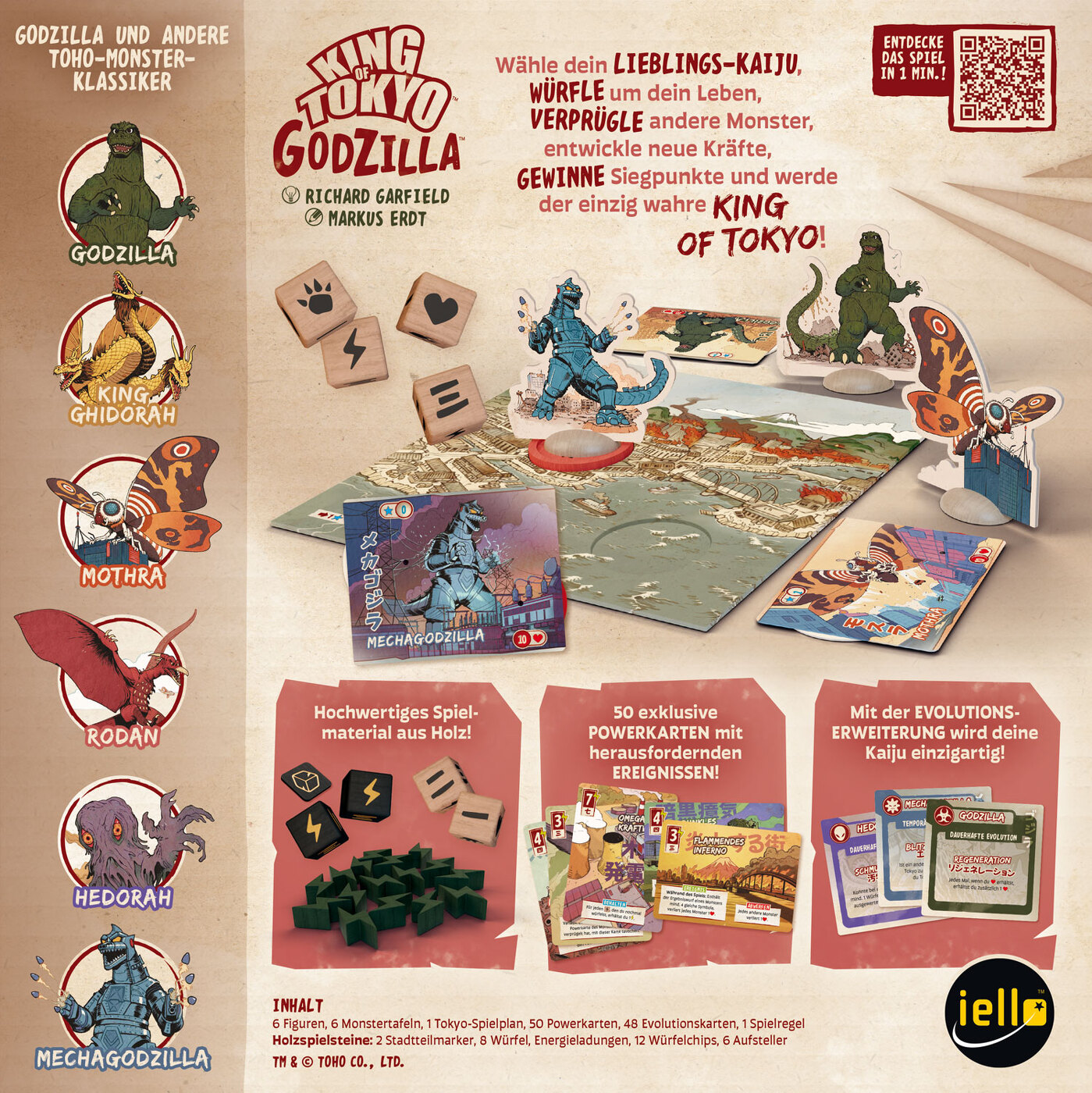 Godzilla, Spielplan, Karten, Würfel, Monsters