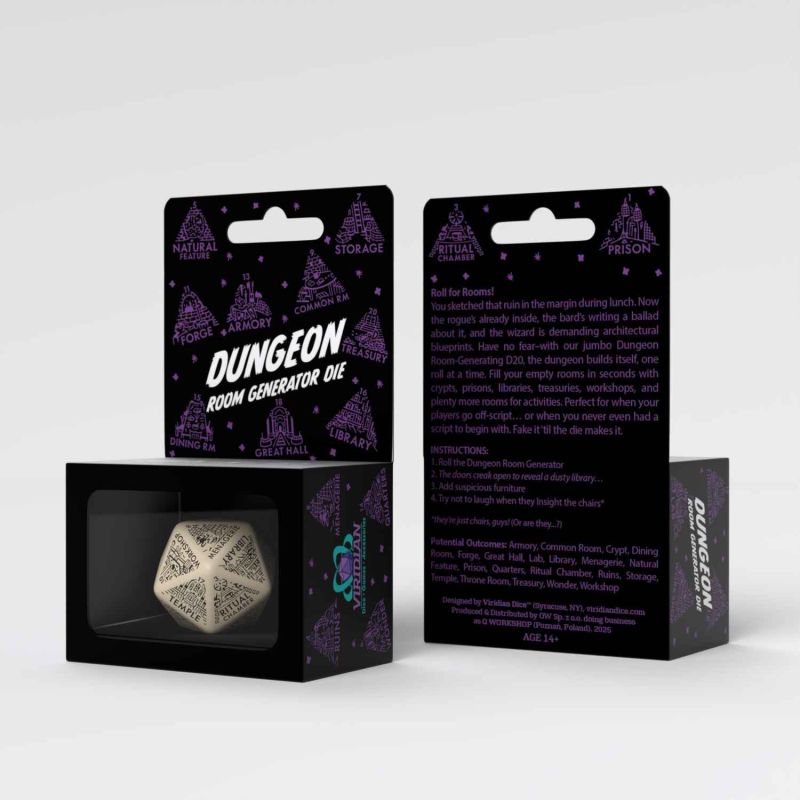 Dungeon Generator Die: Beige & Black Dungeon, Room Generator, Die, D20 die, Boxed set