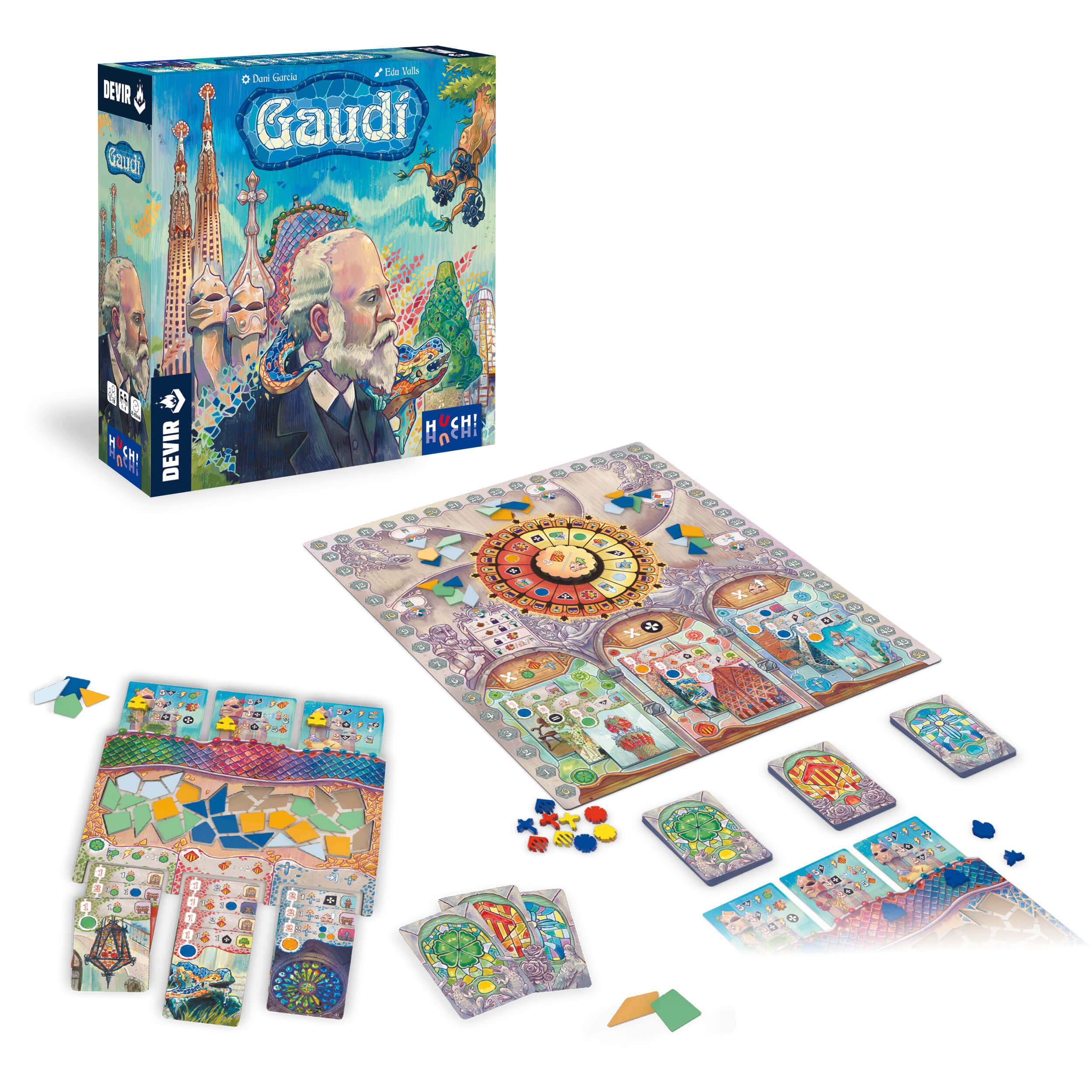 Brettspiel, Spielbrett, Spielkarten, Spielsteine, Gaudí-Thema