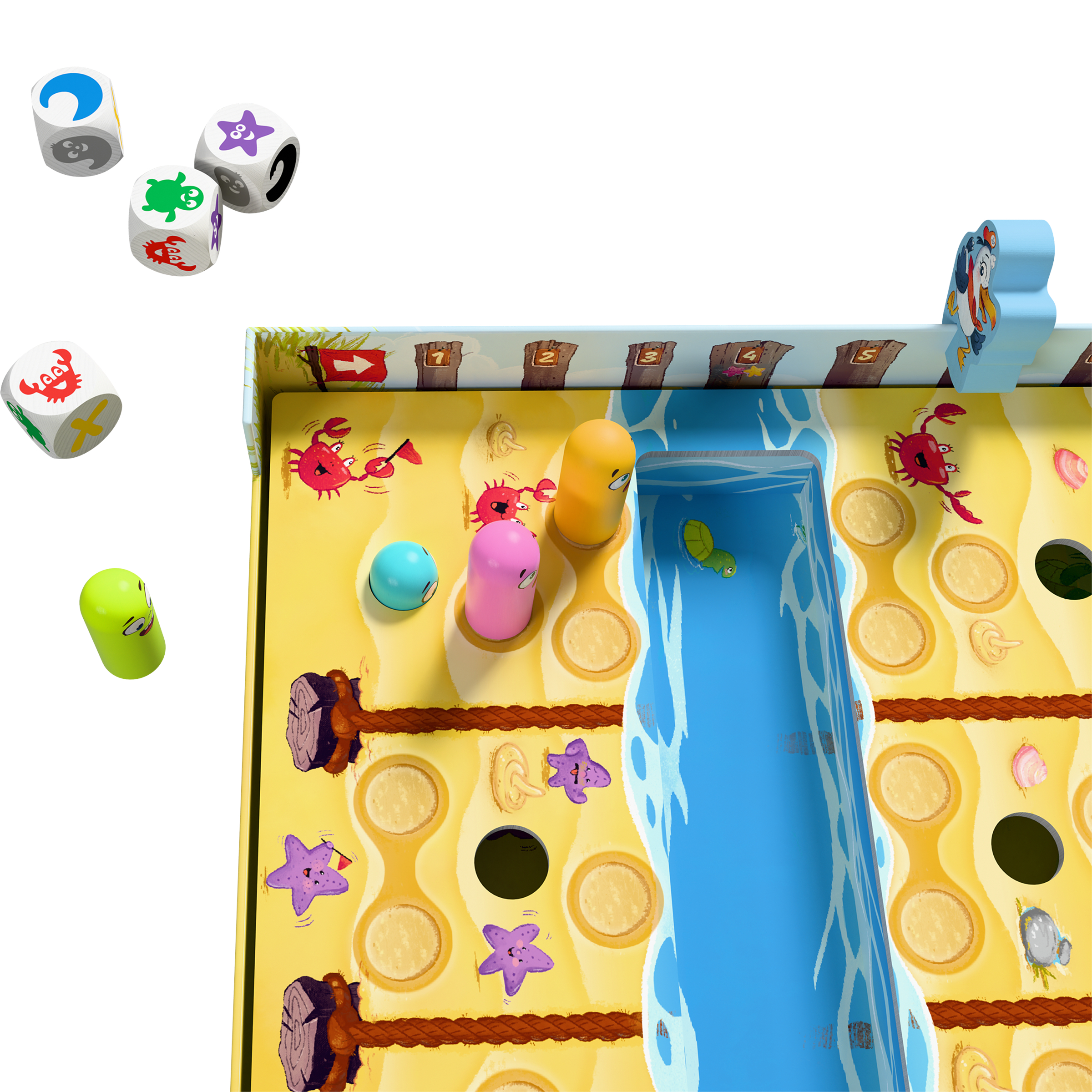 Brettspiel, Würfel, Spielfiguren, Krebse, Meer, blaues Boot, geltes Brett