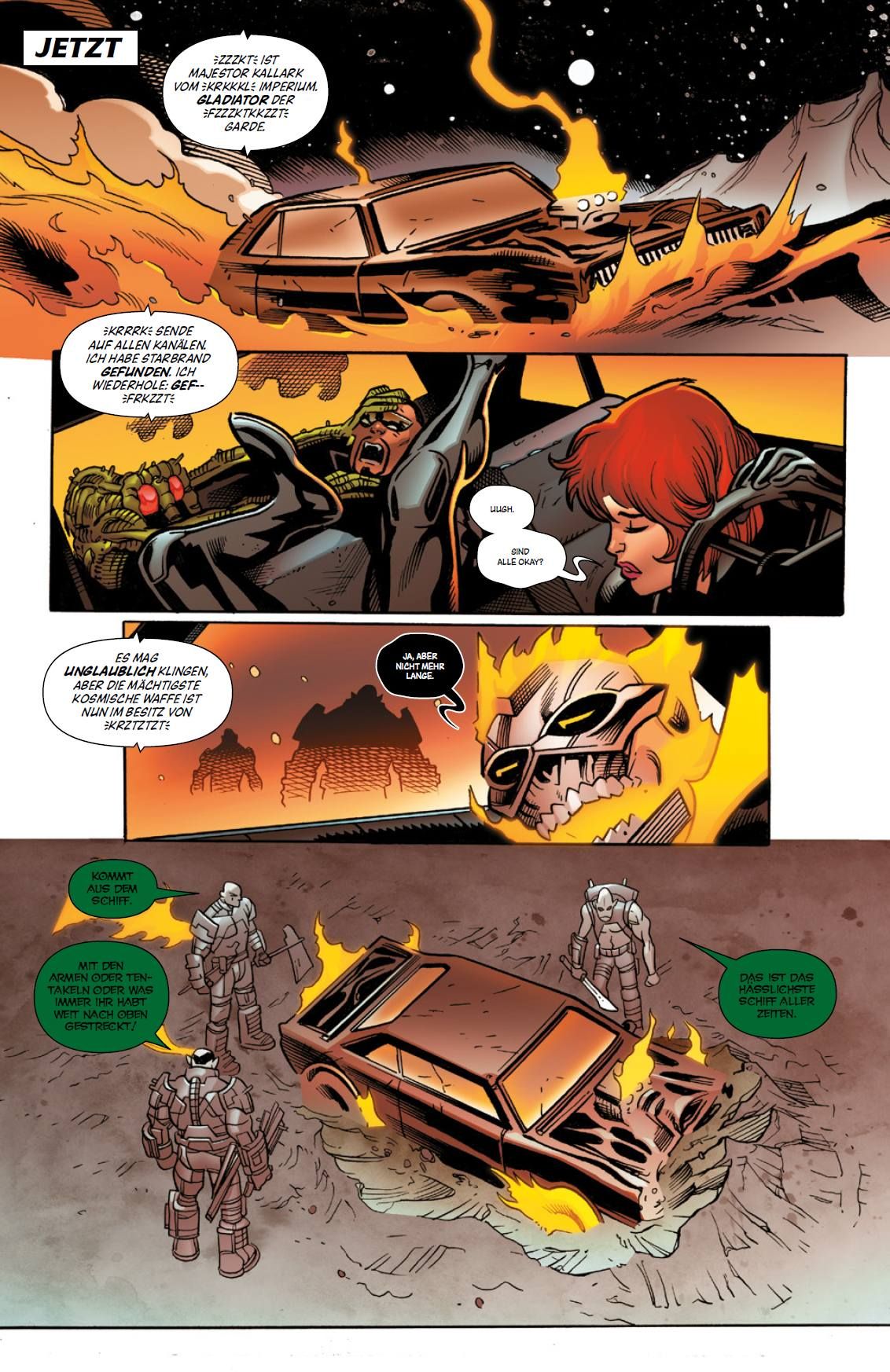 Auto crash, Burning car, Wasteland, Space armor, Comic panel