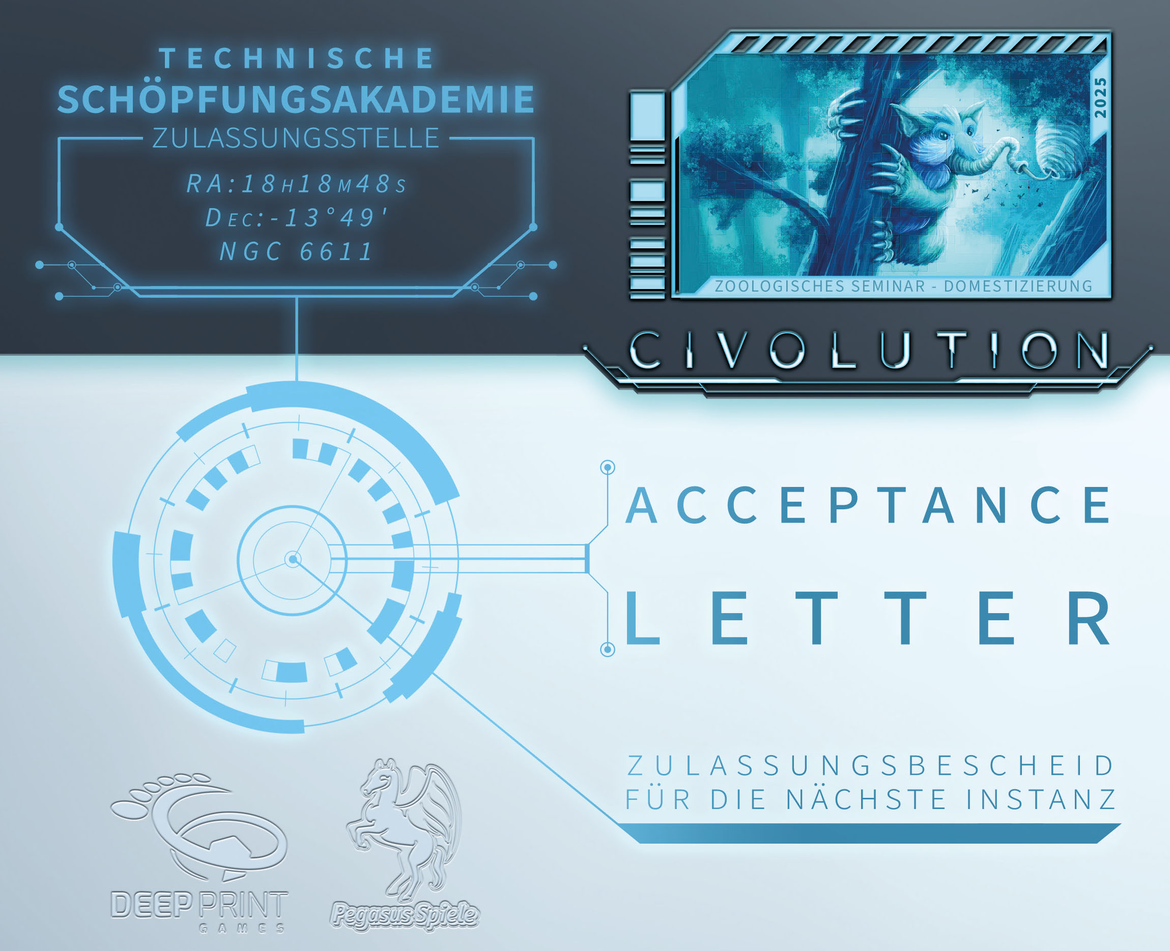 Civolution: Acceptance Letter zoo logo, Buchumschlag, Zulassungsschreiben, futuristische Benutzeroberfläche, Ökosystem-Kunst