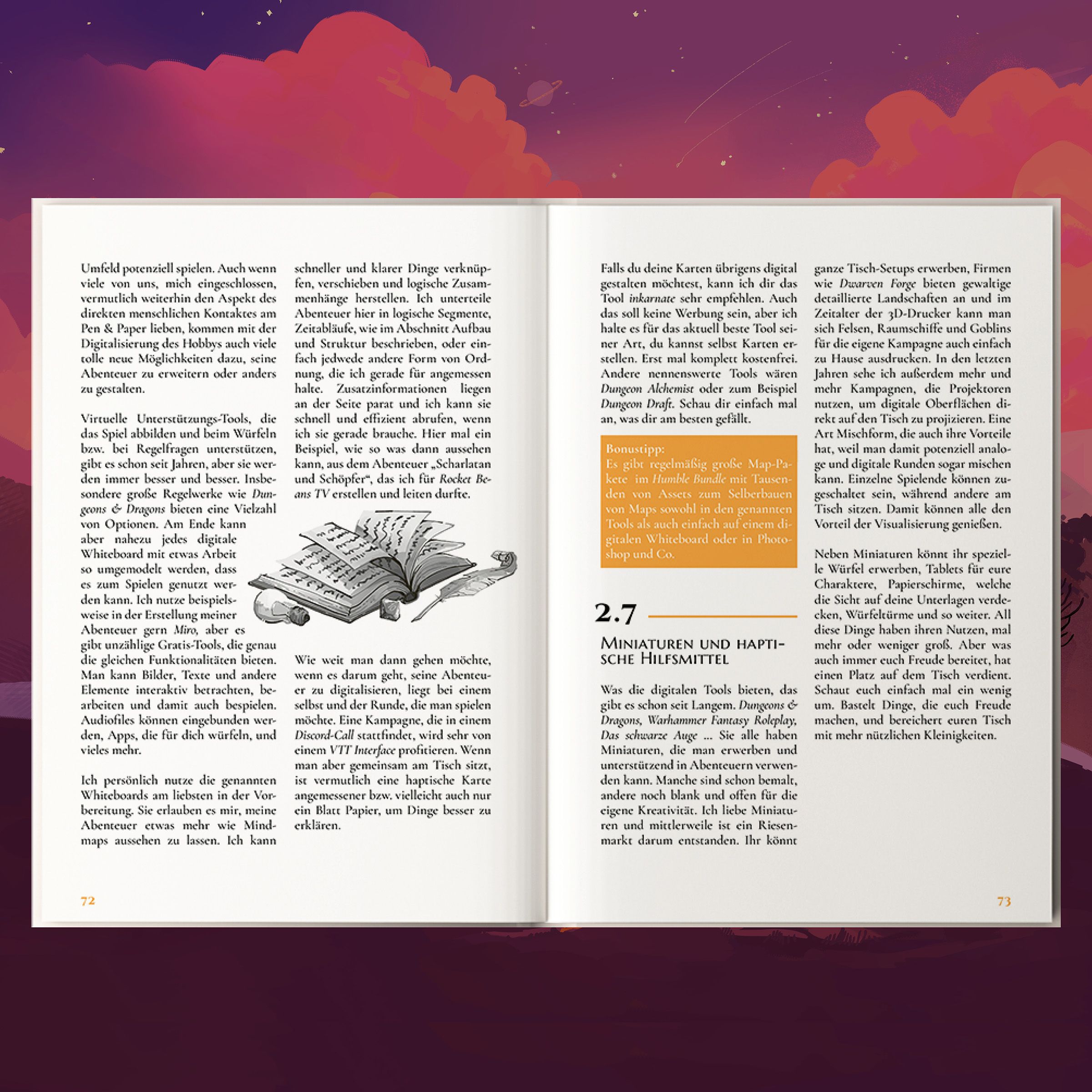 offenes Buch, Doppelseite, gedruckter Text, Illustration, deutscher Text