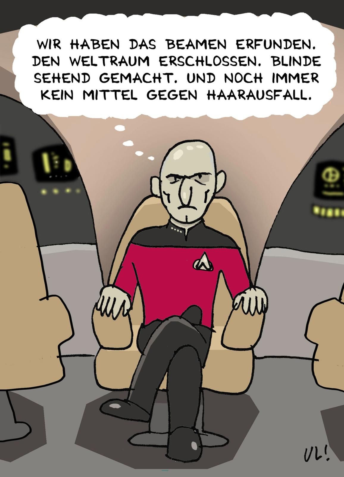 Lebe lang und lache! - Trekkie-Cartoons für alle Lebensformen Star Trek, Captain, rote Uniform, Stuhl, Raumstations-Interior