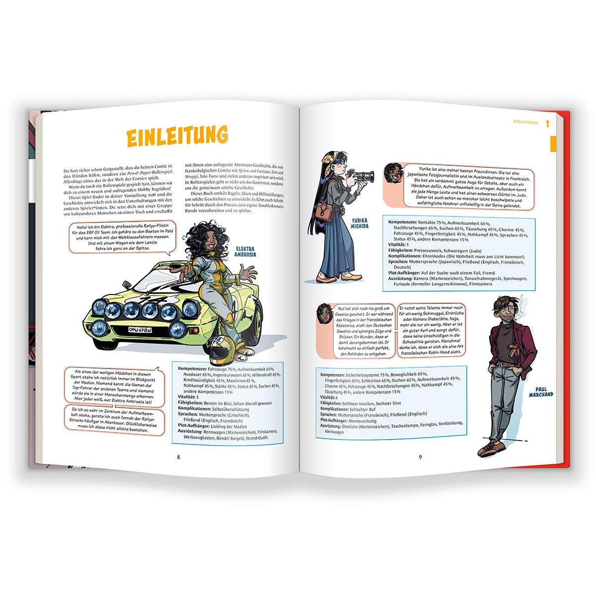 auto-mit-sportwagen, blonde-figur, car-illustration, comic-layout, text-boxes