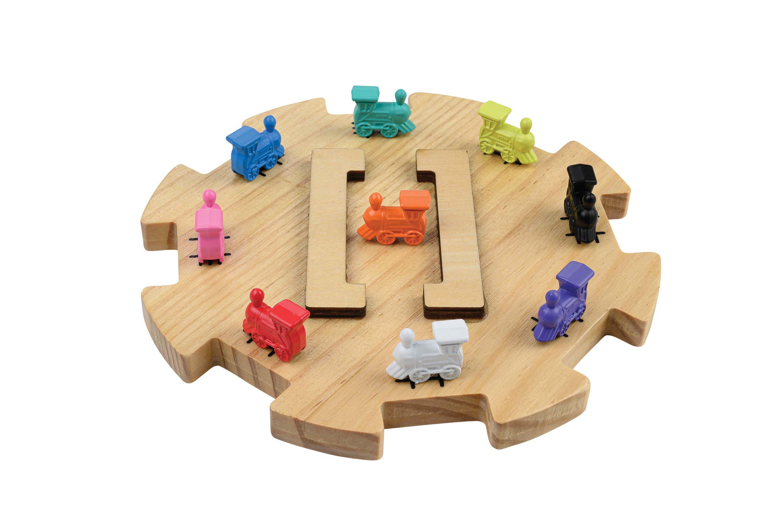 Holzpuzzle, Zugset, Holzspielzeug, bunte Figuren, Zahnradbrett