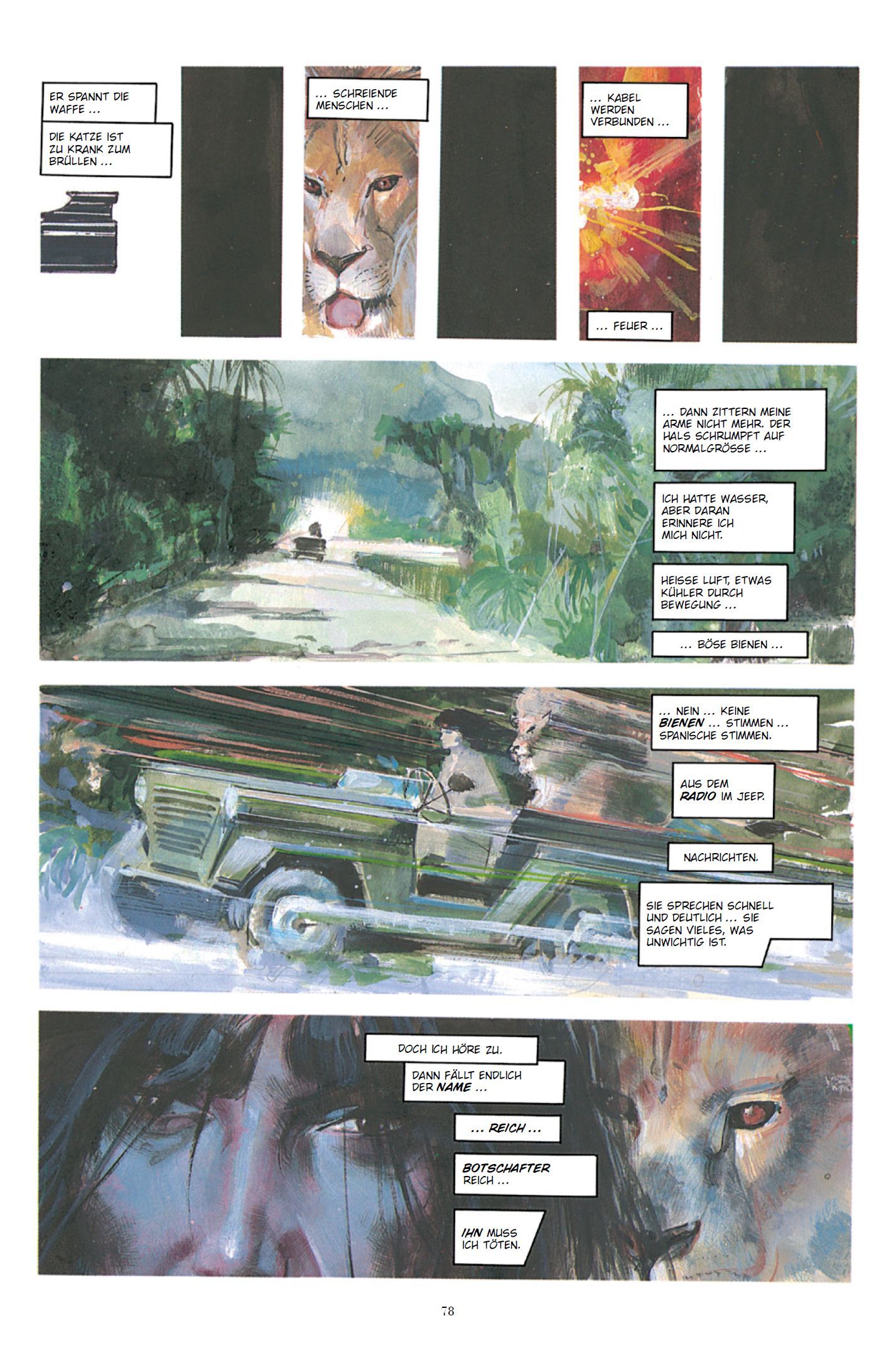Comic, Panel, Jeep, Landschaft, Tierisches Gesicht