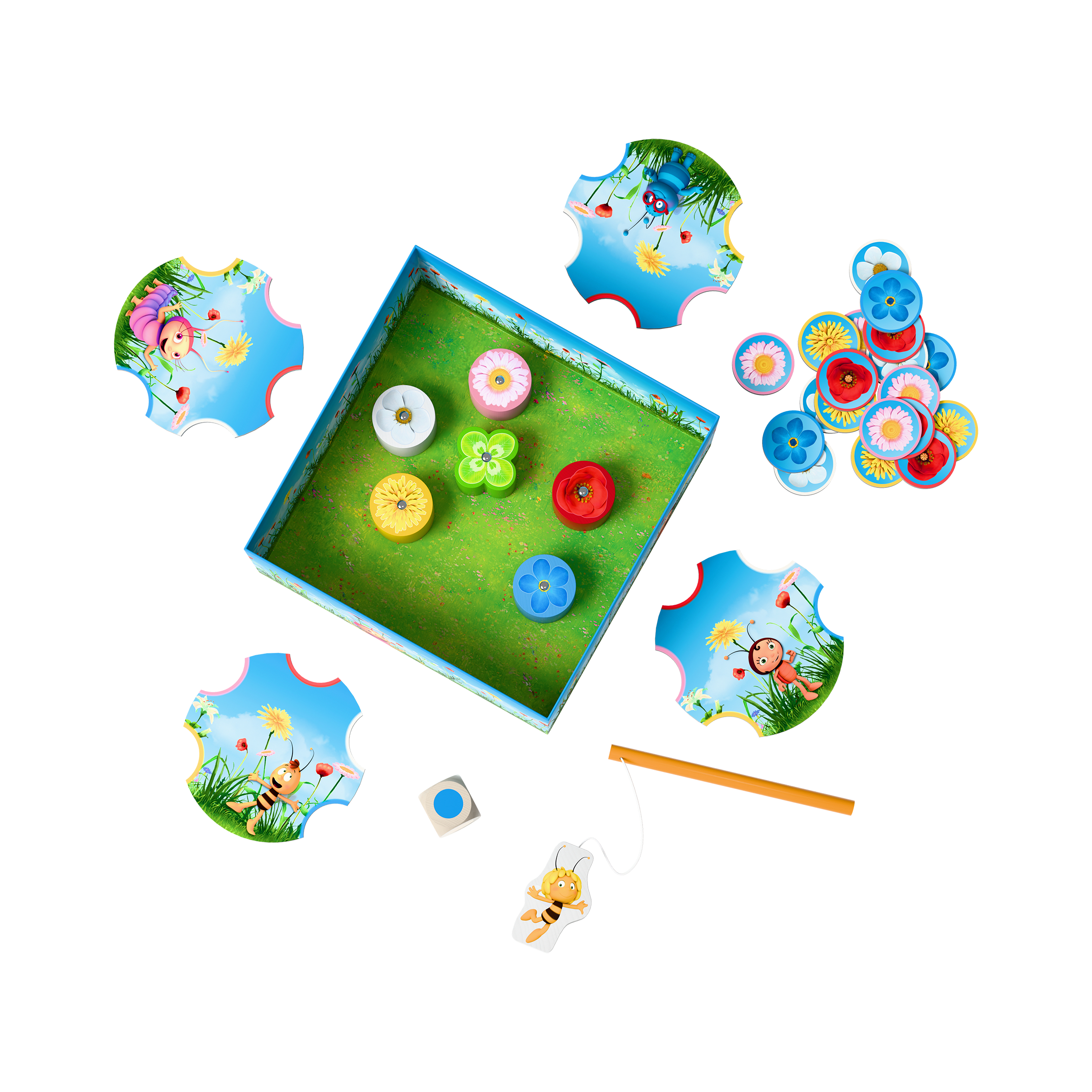 Biene Maja - Blüten angeln spielzeug, Kinderspiel, Puzzleteile, bunte Blumen, grünes Spielbrett