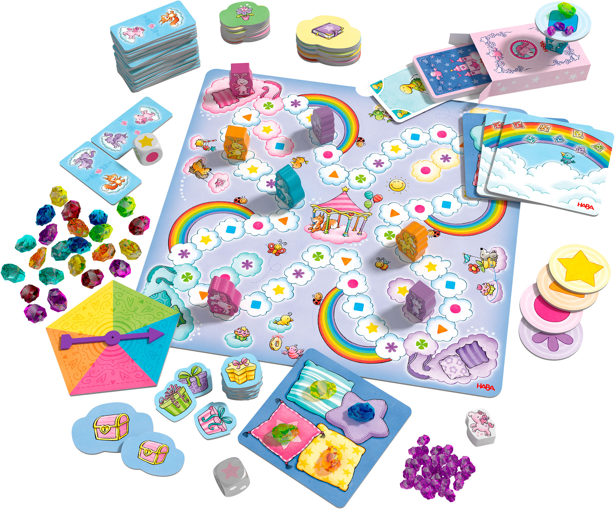 Einhorn Glitzerglück-Spielesammlung brettspiel, spielsteine, regenbogen, edelsteine, karten