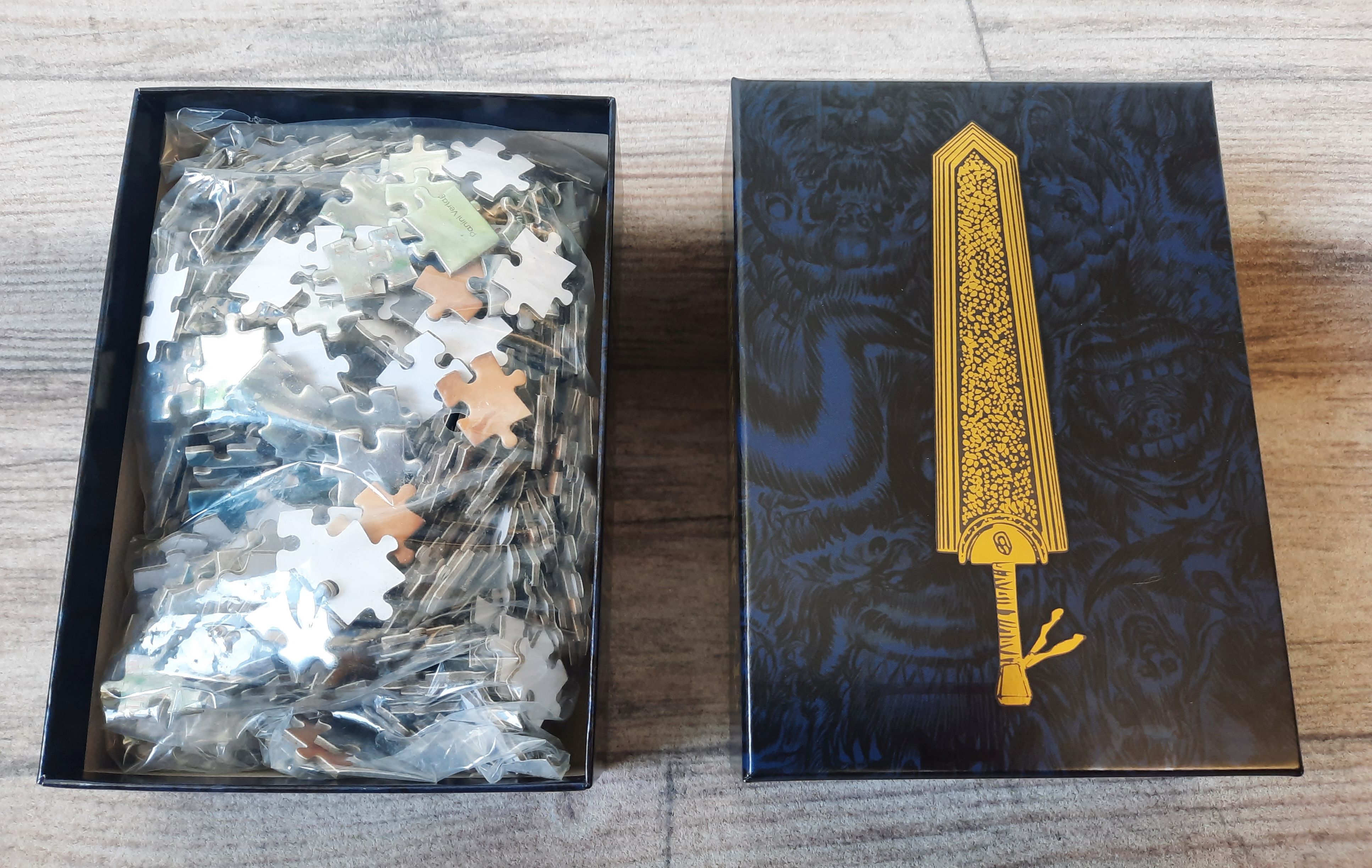 puzzles, teile, silber, box, zusammengesetzt