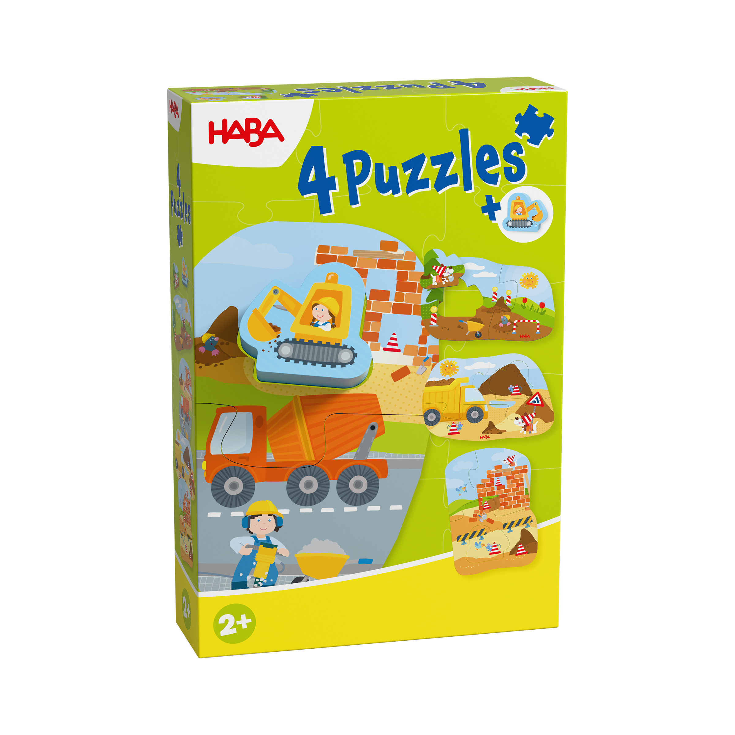4 Puzzles - Baustelle (mit Holzfigur) puzzle, konstruktion, lastwagen, baustelle, holzpuzzle