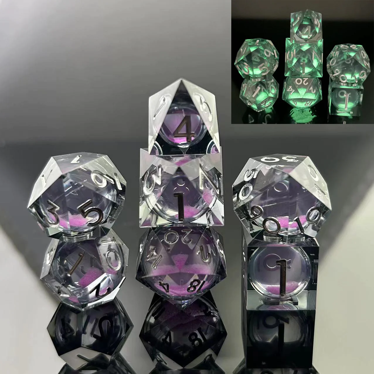 Sharp Edge Glow in the Dark Liquid Core Dice Set (7) Violet Glimmer Sharp Edge Glow in the Dark Liquid Core Dice Set (7) Violet Glimmer