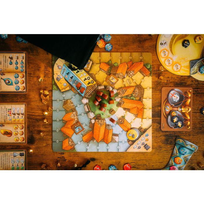 brettspiel, spielbrett, orange fliesen, stadtaufbau, würfel