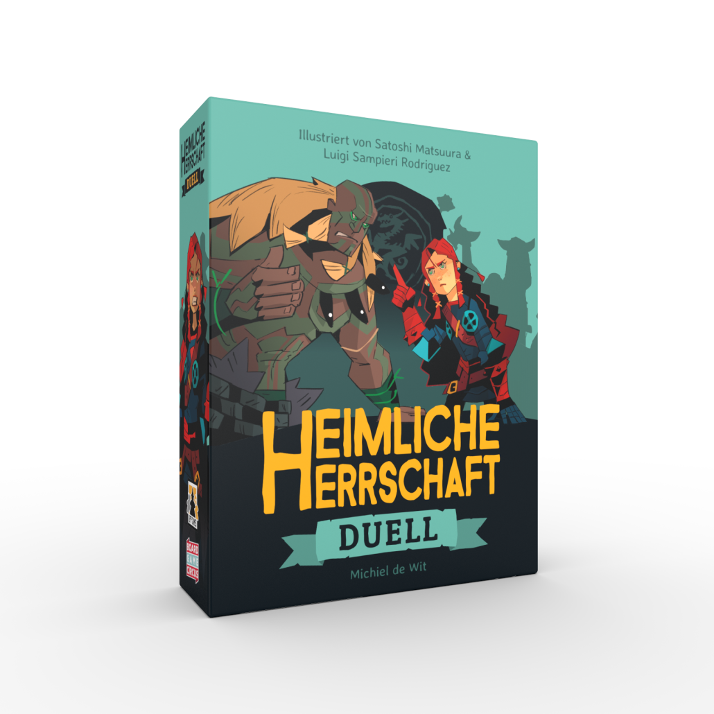 Brettspiel, Duell, Coverkunst, Helden, Cartoonstil