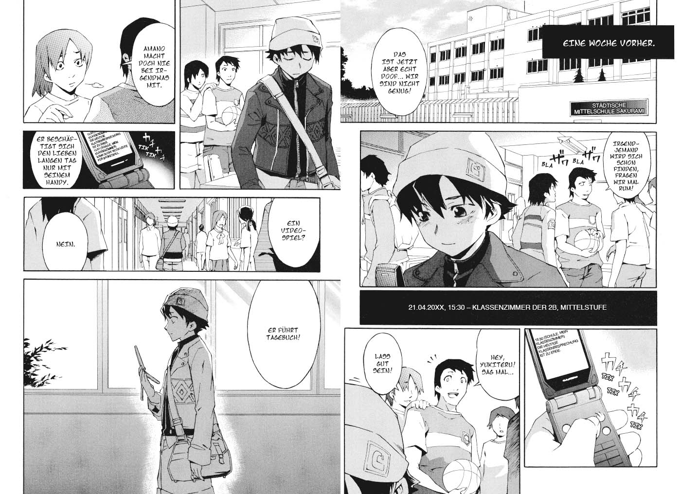 Manga, Schüler, Schulhof, Beutel, Handy