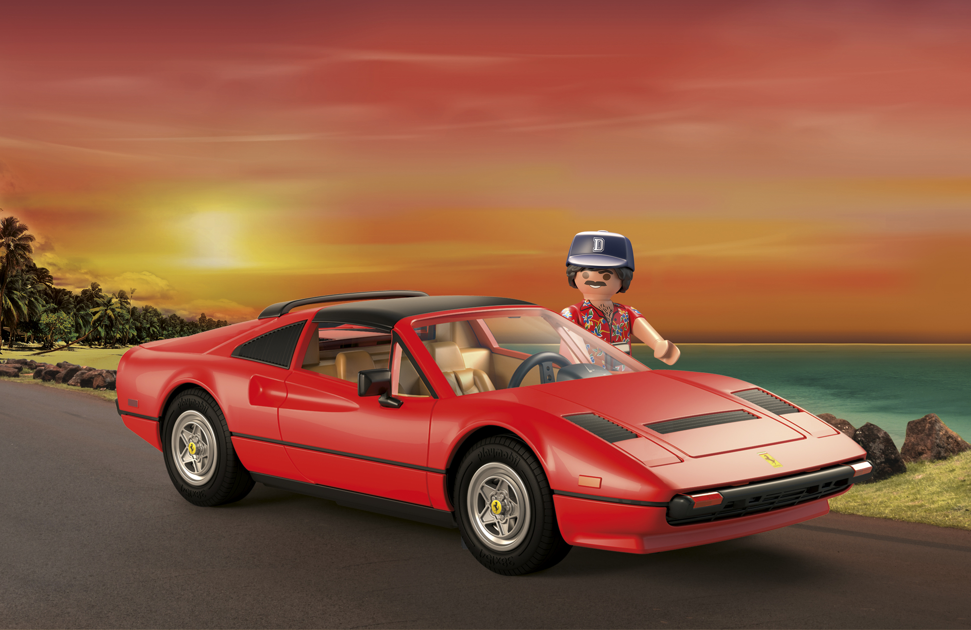 Rotes Sportwagen, Cabrio, Sonnenuntergang, Lego-Figur, Hawaii-Hemd