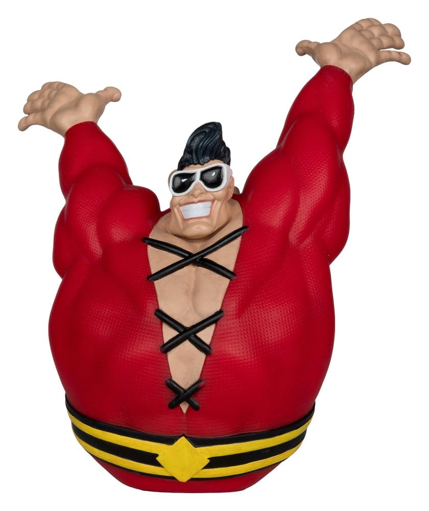 Figur, Muskelmann, rote Jacke, Gürtelschnalle, Brille