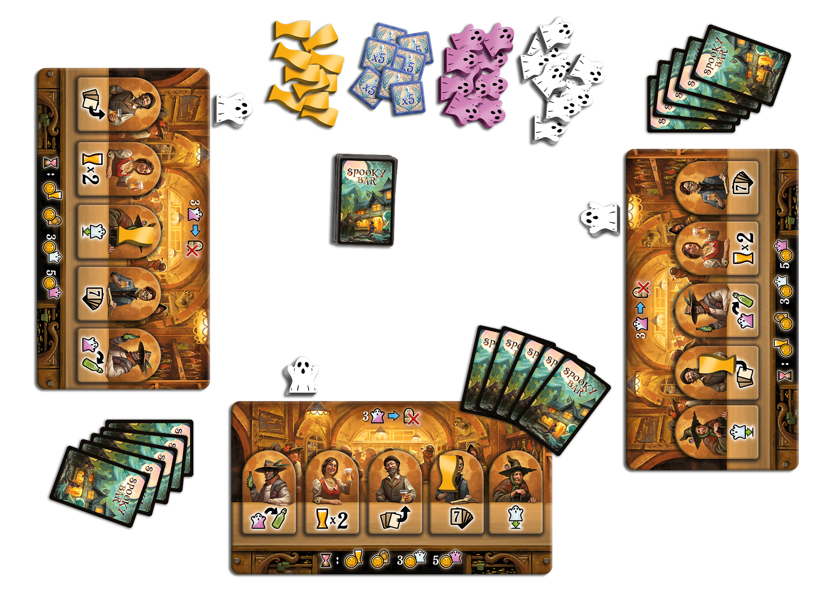 Brettspiel, Spielkarten, Spielertableaus, Geistermarker, Fantasy-Illustrationen, Brettspiel, Spielkarten, Spielertableaus, Geisterfiguren, Fantasy-Illustrationen
