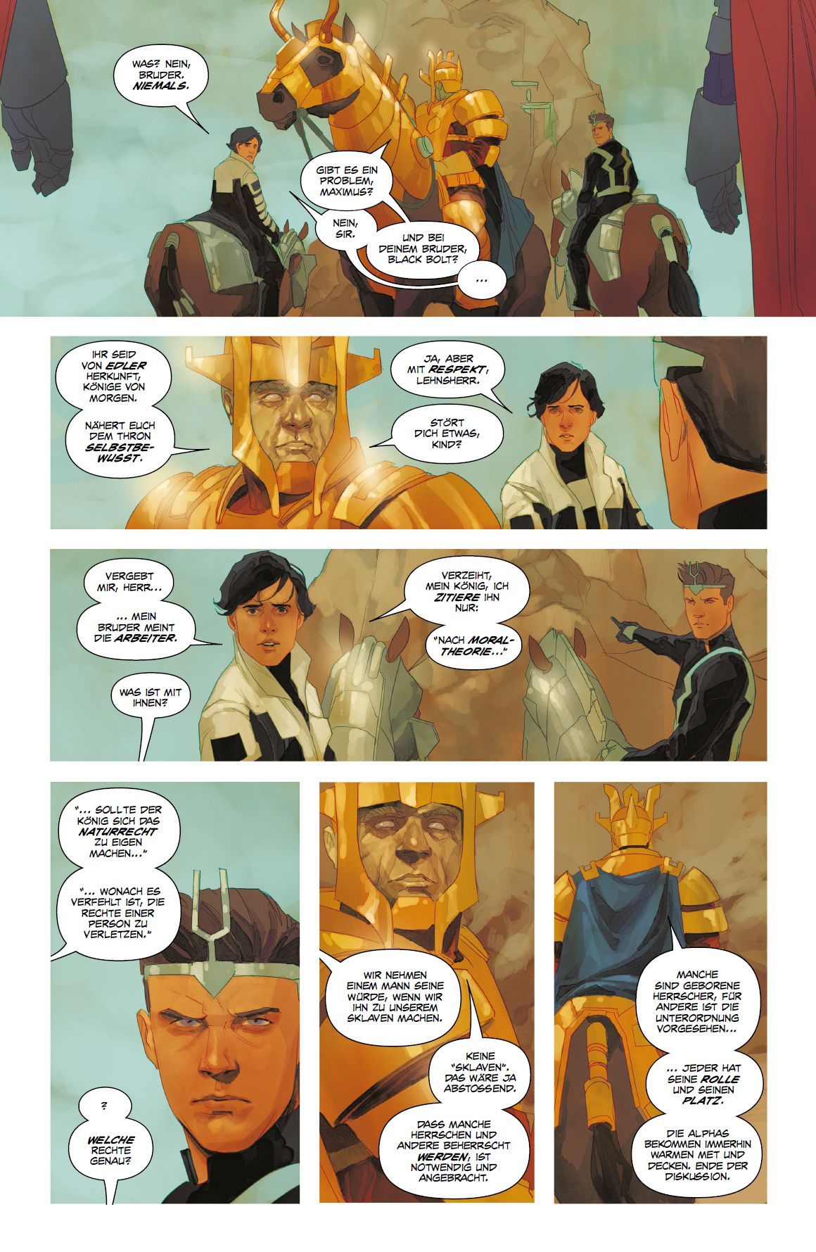 goldene Rüstung, Pferdenskulptur, Rüstungshelm, Dialogpanel, Comic-Szene