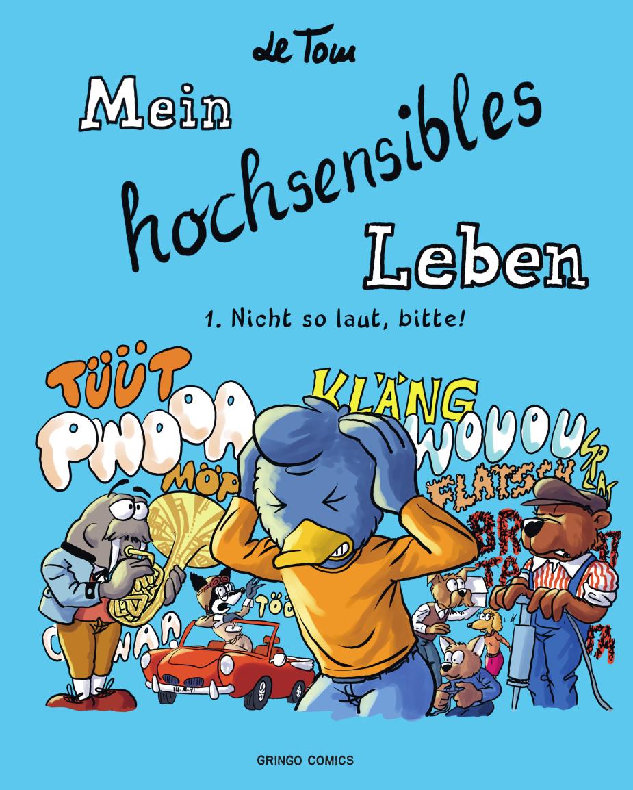 Comic, Cartoon, Vogelfigur, Blauer Hintergrund, Deutscher Text