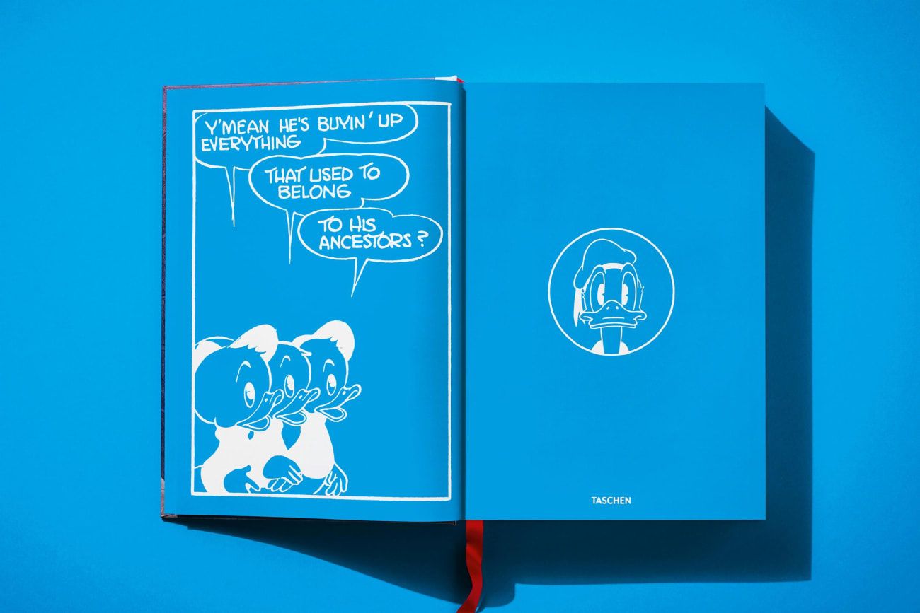 Comic, Enten-Illustration, Blaues Buch, offenes Notizbuch, TASCHEN-Ausgabe
