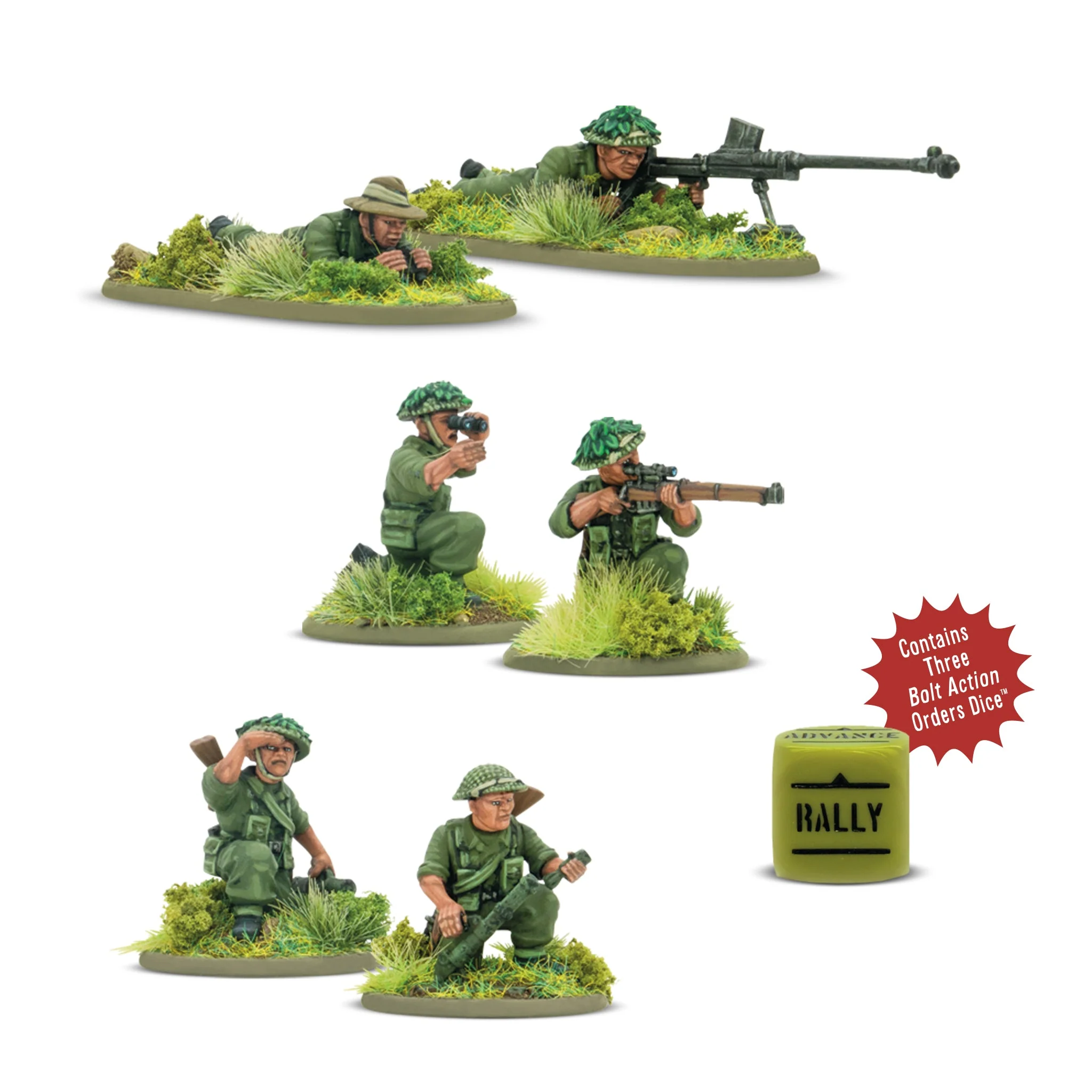 Bolt Action: British - Gurkha weapon teams Miniaturfiguren, Soldaten, Schnellfeuergewehr, Grau-grün, Rally Würfel