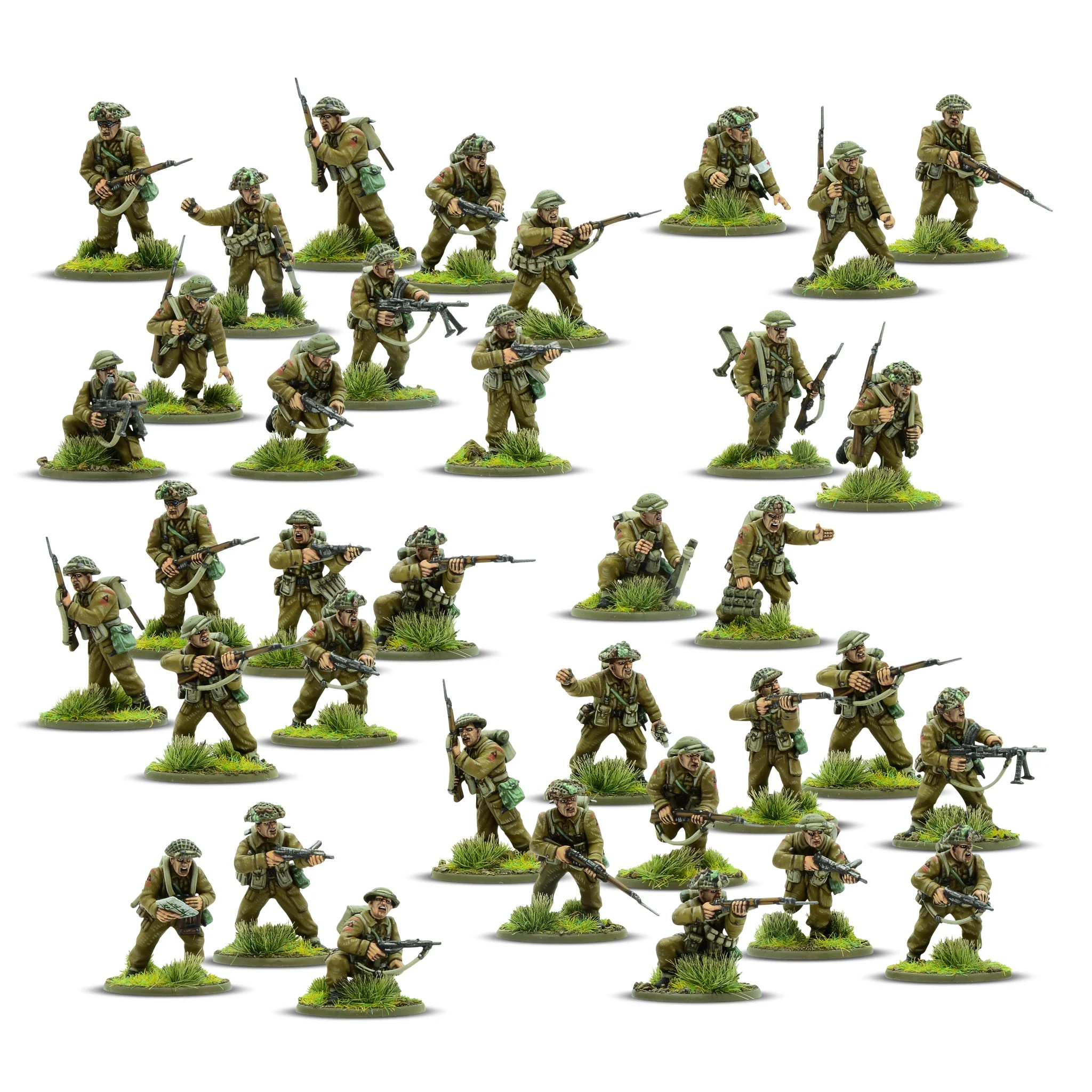 soldier figures, miniature soldiers, military figurines, uniform olive green, base grass