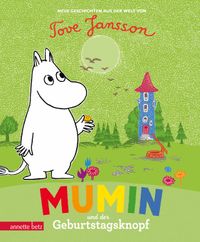 Mumin und der Geburtstagsknopf Mumintroll Figur, Mumin Tier, Gelb-Grüner Hintergrund, Mumin Buchumschlag, Geburtstagskopf