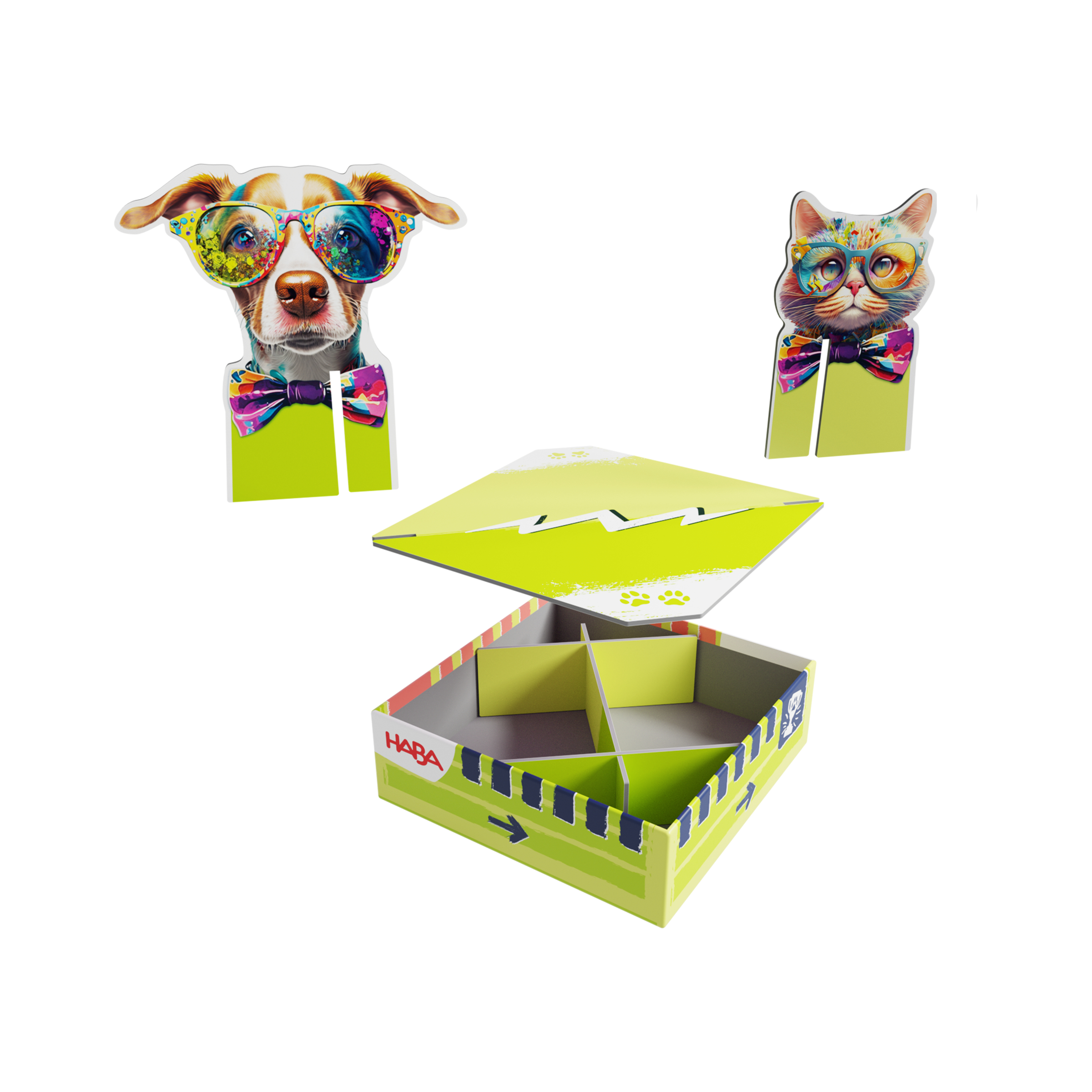 Team Quiz Challenge - Katzen vs Hunde Tierfiguren, Tierstab, Pappbox, Junge Hund, Lego Box