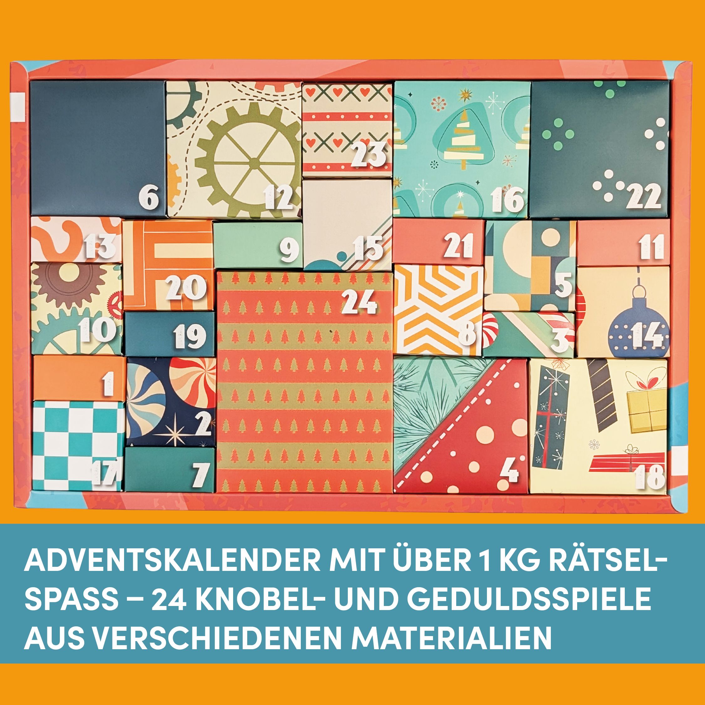 Adventskalender: Ultimativer Knobel-Adventskalender Adventskalender, Kartenbox, Bunte Muster, Kalenderzahlen, Geschenkverpackung