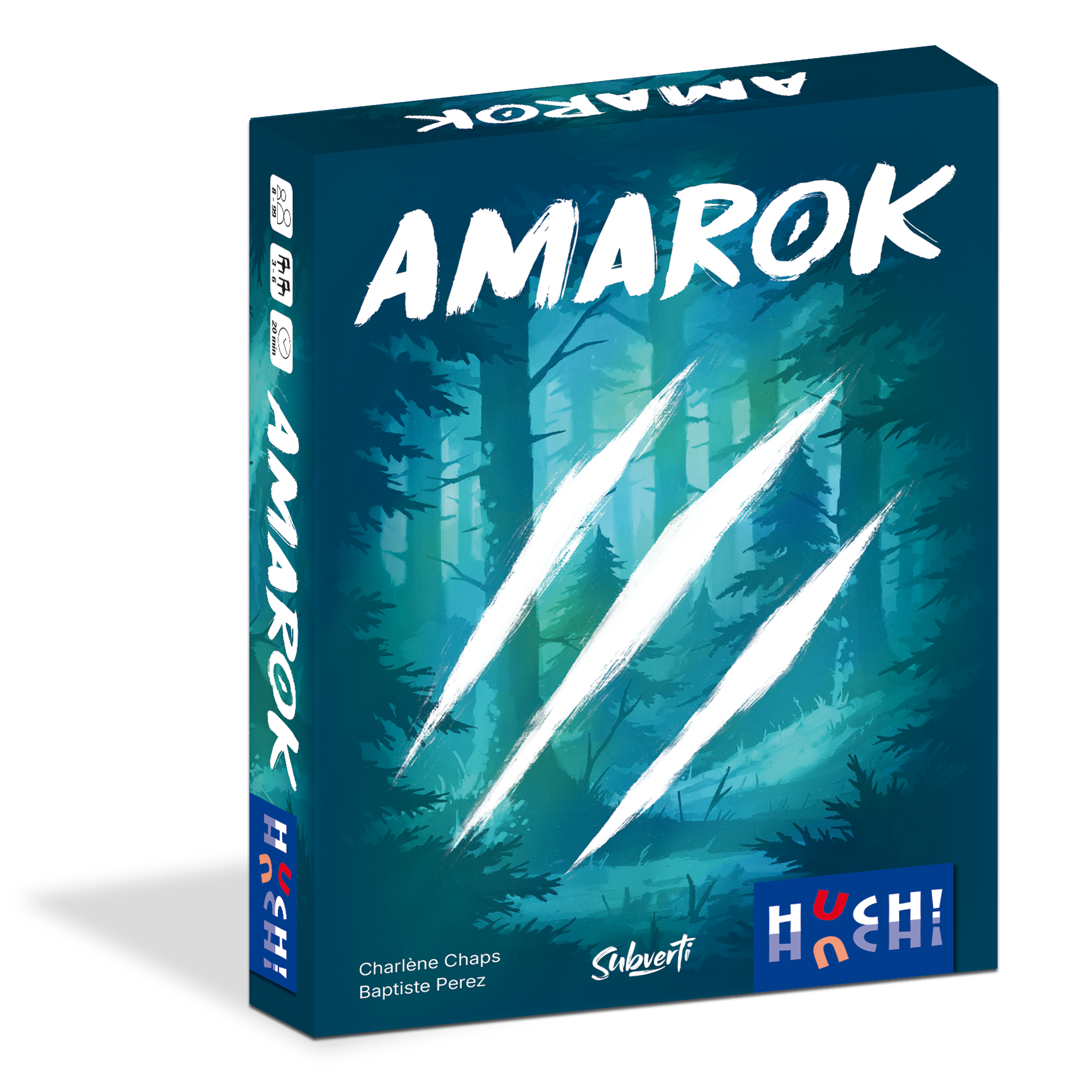 Brettspiel, Spielbox, Waldillustration, türkisfarben, Familienspiel